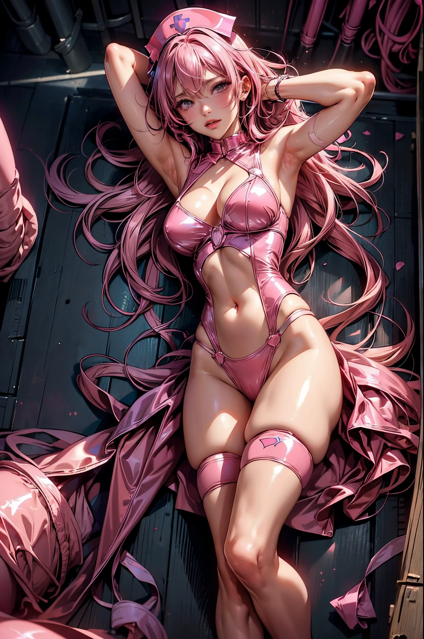 anime girl in shiny pink latex tube dress posing for camera, showing lots of skin, seductive anime girl, beautiful woman, excited and blushing, detailed face, (nurse hat), long pink hair, looking down at camera, 8k, very detailed, (visible string thong), cleavage, (long pink latex gloves), pink latex stockings, garters, strip club background, dark, spotlight on girl, on stage, upskirt camera shot, (hands behind head, armpits exposed, one leg up, visible thong), collar, open chest, tits prominent, bellybutton, high heels, giant tits, exposed hips