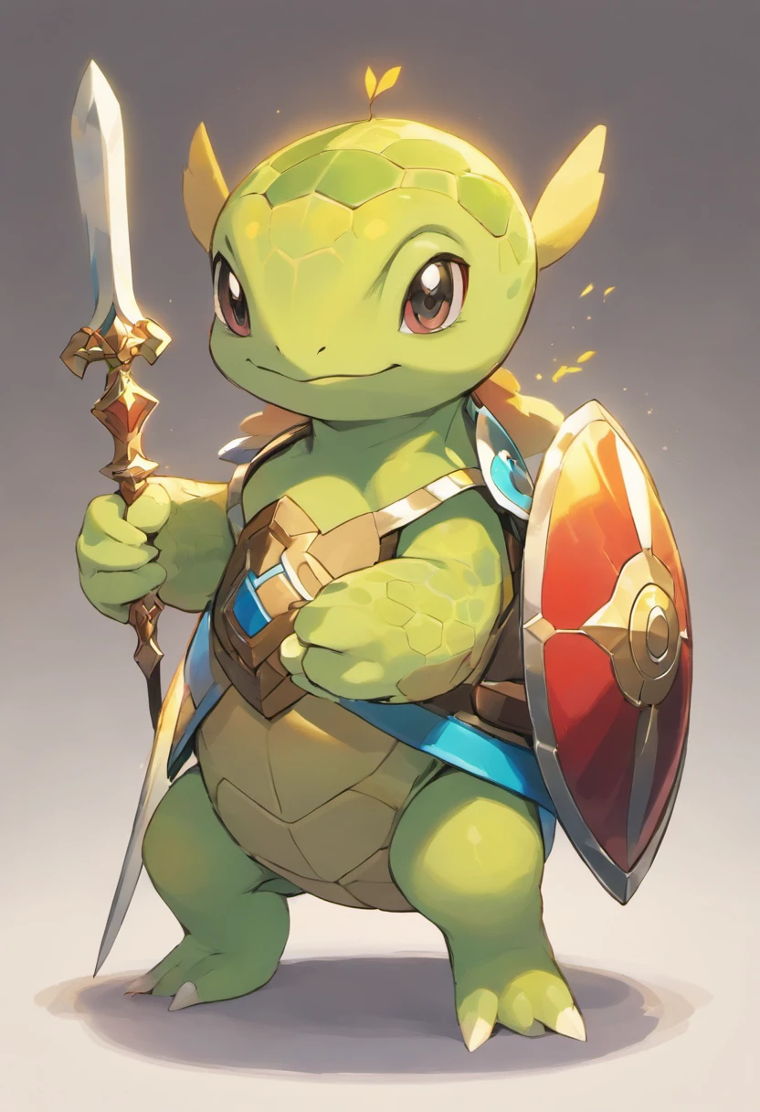 A short humanoid turtle holding a short sword and a standard shield.