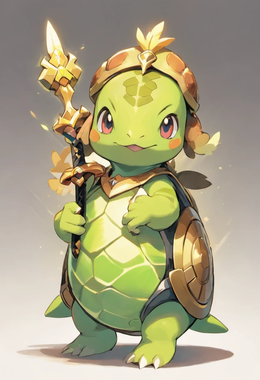 A short humanoid turtle holding a short sword and a standard shield.