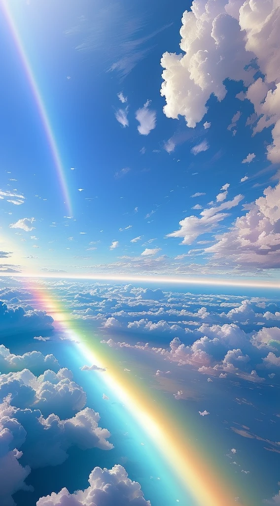 There is a rainbow in the sky above the clouds, luminous sky heaven background, heaven planet in background, Magnificent background, iridescent clouds, Sunny rainbow galaxy rough sea, paradise background, Elegant rainbow rain clouds, Bright rainbow rain clouds, very colorful heavenly, ethereal rainbows, rainbow in the sky, Rainbow clouds, Iridescent sky, Beautiful floating clouds. Japanese cartoon
