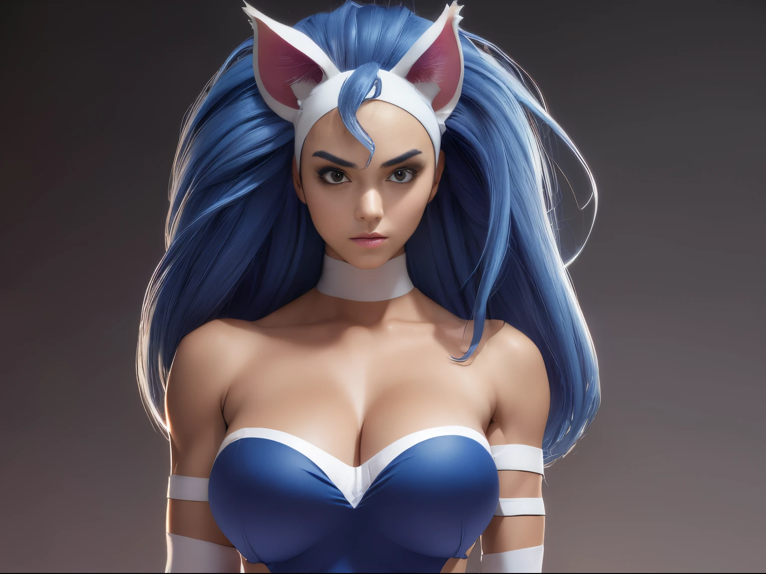 ((masterpiece)),((best quality)),((absurdres)),((ornate)),((SFW))straight-on,upper_body,pose,looking_at_viewer,Felicia_Darkstalkers,aiwaifu,animal_ears,blue_hair,cat_ears,long_hair,animal_hands,breasts,big_hair,very_long_hair,curly_hair,cat_tail,tail,fur,claws,large_breasts,blue_eyes,navel,cat_girl,cat_paws,slit_pupils,white_fur,bare_shoulders,muscular_female,collarbone,thighs,cleavage,halftone,toned,curvy, narrow waist, solo,mature_female,looking_at_viewer,architecture,garden,stream,outdoors,gradient_sky,twilight,petals,magic,backlighting,light_particles,bokeh, blurry_background,colorful,official_art,photoshop_(medium),(incredibly_absurdres),(ornate_clothes),(vanishing_point),(dappled_sunlight),(depth_of_field),(scenery),(realistic),(masterpiece).