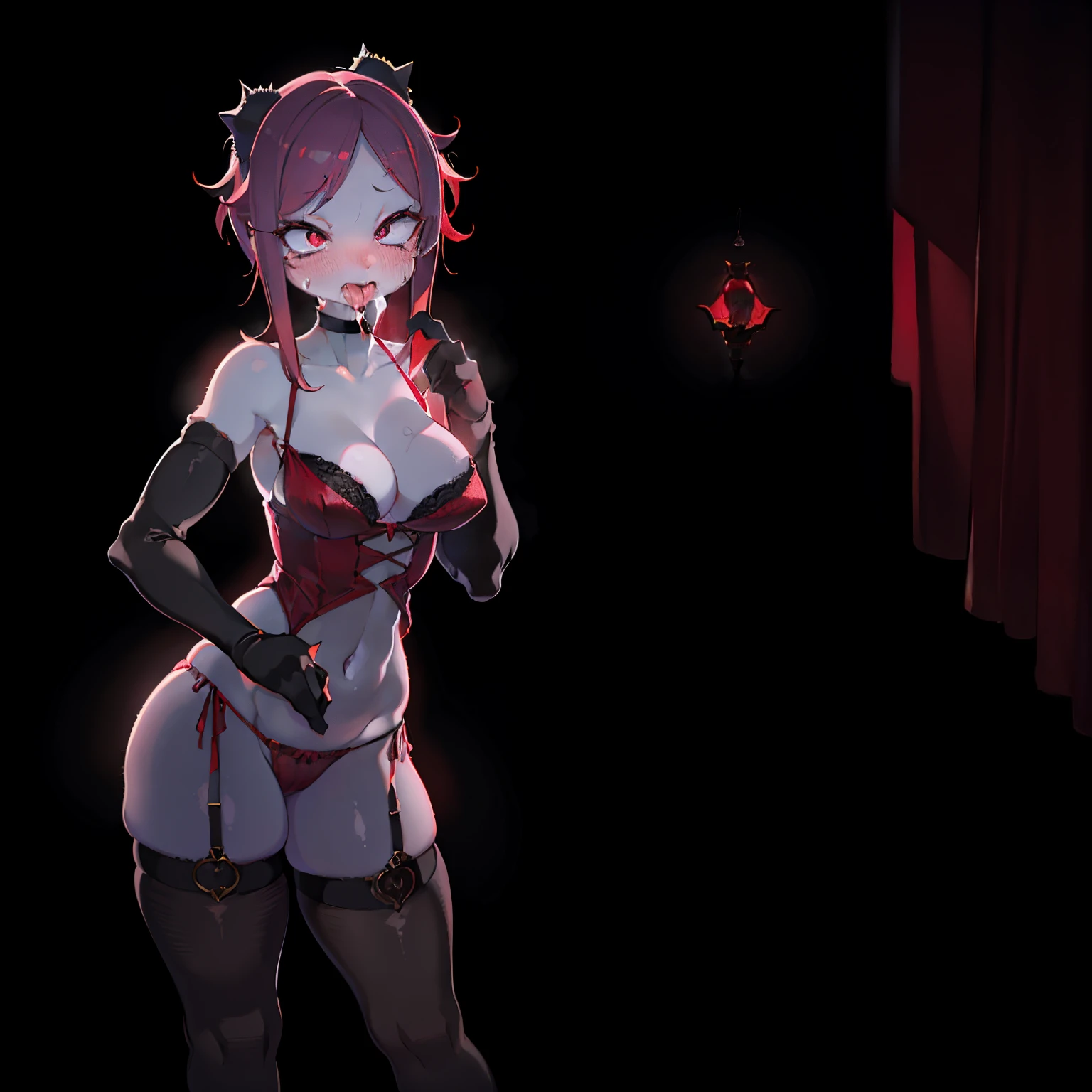 (Ahegao) Chica ROJA,Wear red lingerie,labios rojos brillantes,Ojos y cara detallados,Cabello rojo largo y suelto,standing in a dark room,Soft lighting,vivid colors,Artistic portrait,High resolution. (SNFW)