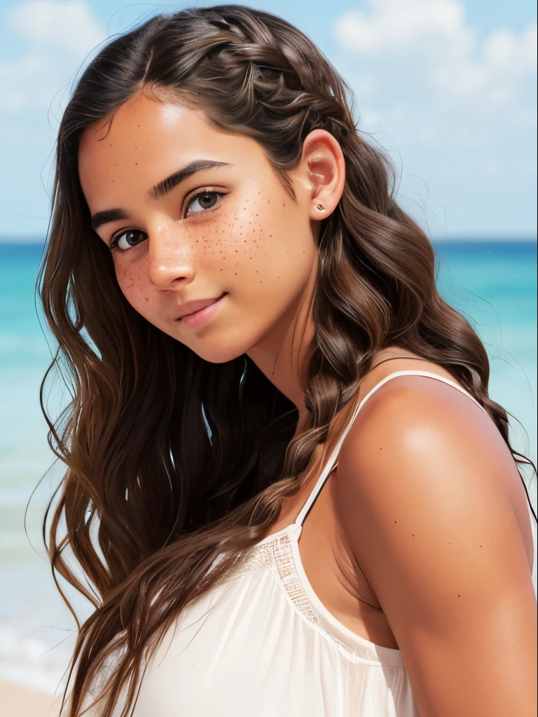 1girl. Tan skin, freckles on nose, freckles on cheeks, dark brown hair, wavy hair, hair braid, pregnant,
