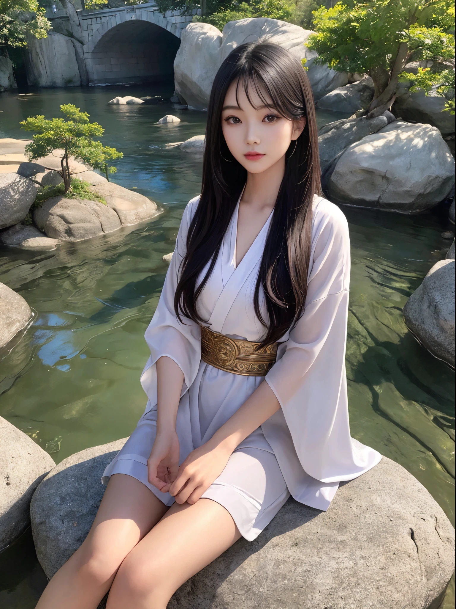 (best quality,ultra-detailed:1.2),riverbank,rocks or temple or bridge,Asian model,beautiful,young,Chinese beauty,loose Hanfu,deep V-neck,seated posture,sitting on a rock,masterpiece,exquisite face,slim figure,long legs