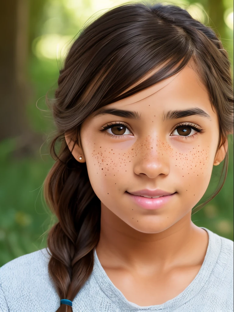 1girl. Tan skin, freckles on nose, freckles on cheeks, dark brown hair, wavy hair, hair braid, Nike shorts, Nike sweatshirt,
