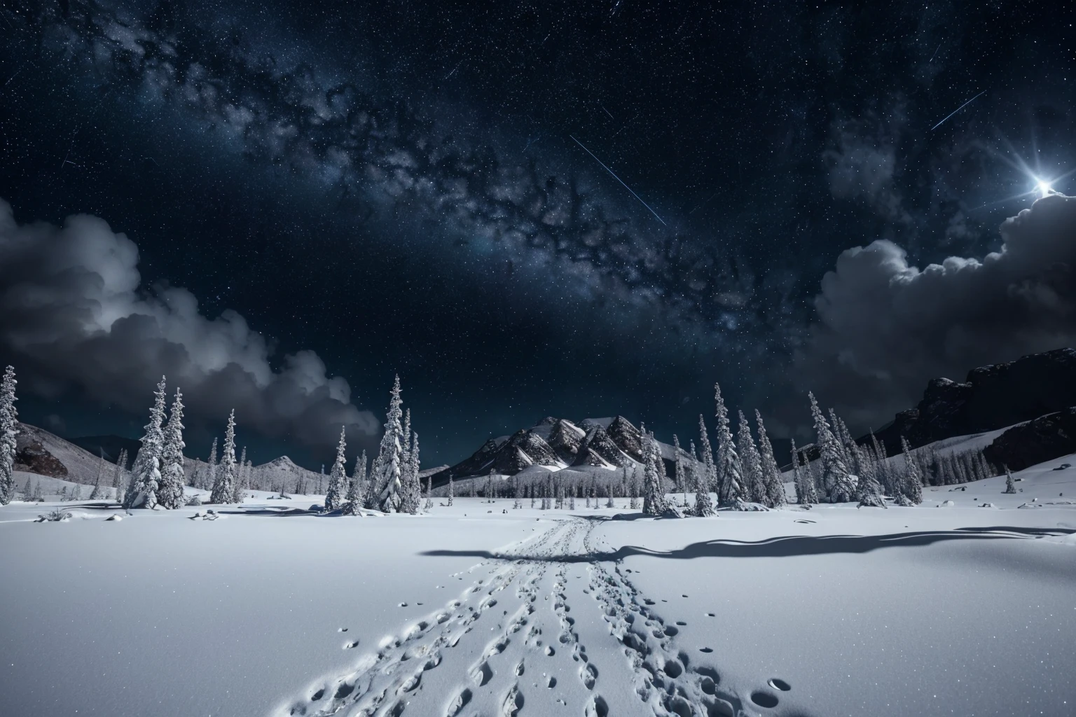 Landscape of an alien planet in a distant galaxy, dark starry sky with unknown constellations, white clouds and snowy surroundings, strange alien trees in the snow, alien creatures walk in the snow, traces of alien creatures in the snow, science-fiction, Cinematic Photo, hight resolution, higly detailed, natural illumination of an alien planet, Hi-Def