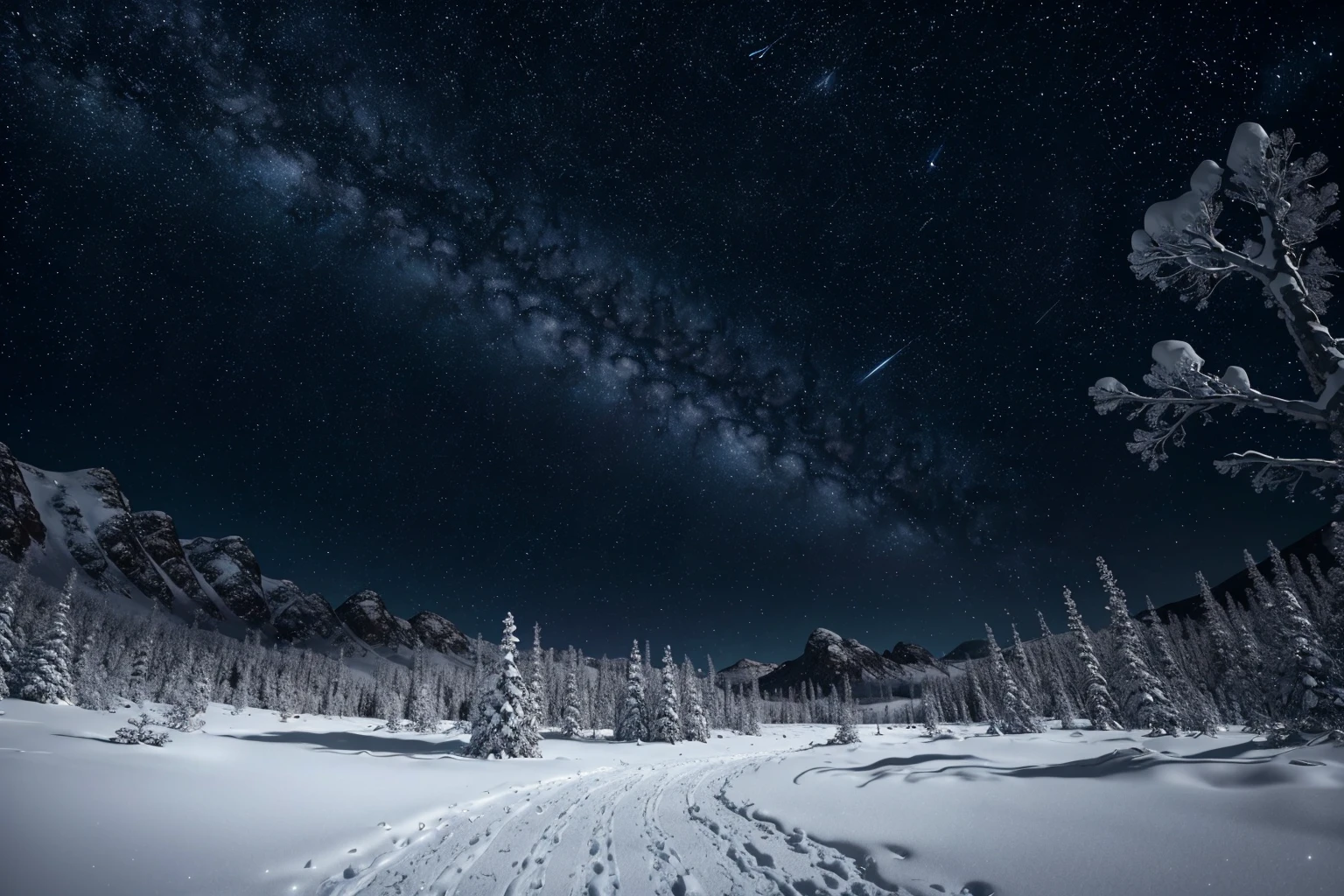 Landscape of an alien planet in a distant galaxy, dark starry sky with unknown constellations, white clouds and snowy surroundings, strange alien trees in the snow, alien creatures walk in the snow, traces of alien creatures in the snow, science-fiction, Cinematic Photo, hight resolution, higly detailed, natural illumination of an alien planet, Hi-Def