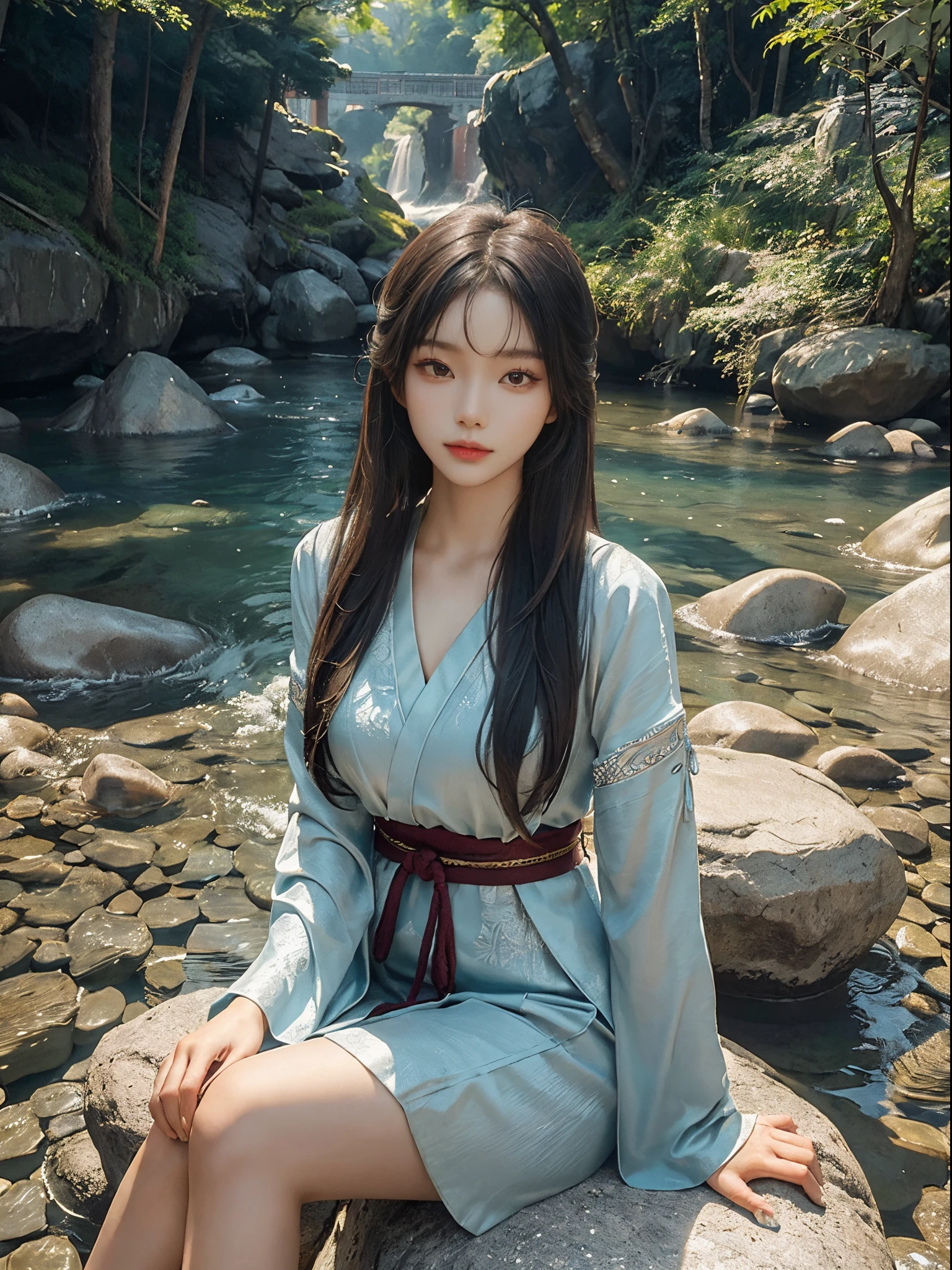 (best quality,ultra-detailed:1.2),riverbank,rocks or temple or bridge,Asian model,beautiful,young,Chinese beauty,loose Hanfu,deep V-neck,seated posture,sitting on a rock,masterpiece,exquisite face,slim figure,long legs