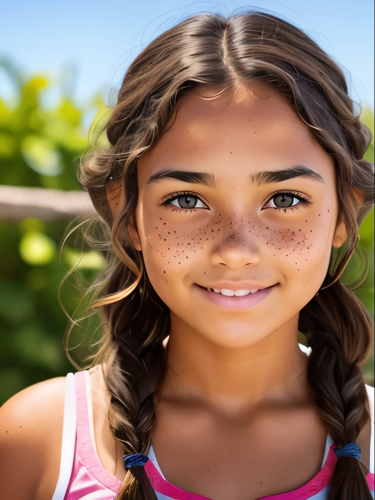 1girl. Tan skin, freckles on nose, freckles on cheeks, dark brown hair, wavy hair, hair braid, pregnant,