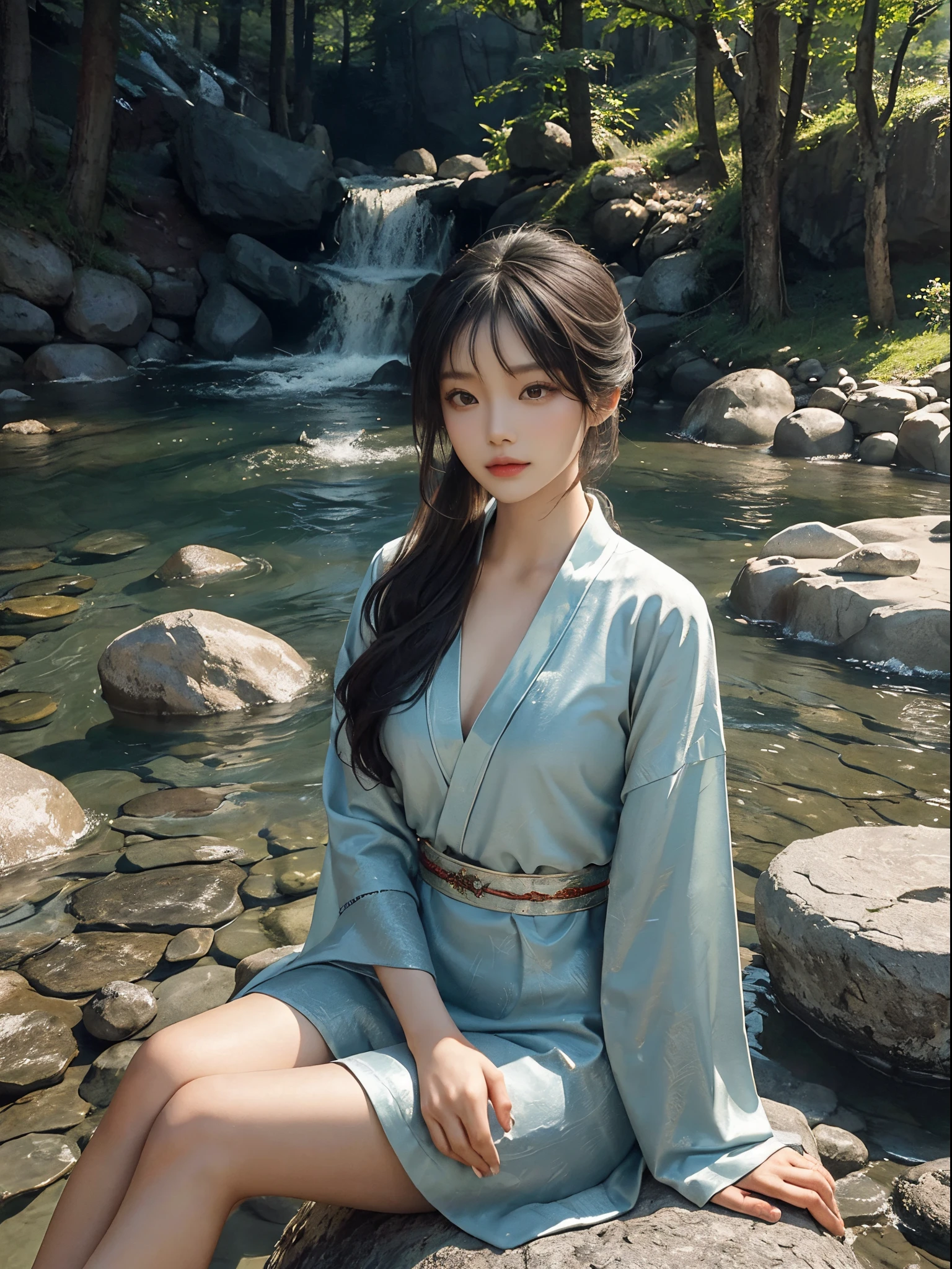 (best quality,ultra-detailed:1.2),riverbank,rocks or temple or bridge,Asian model,beautiful,young,Chinese beauty,loose Hanfu,deep V-neck,seated posture,sitting on a rock,masterpiece,exquisite face,slim figure,long legs