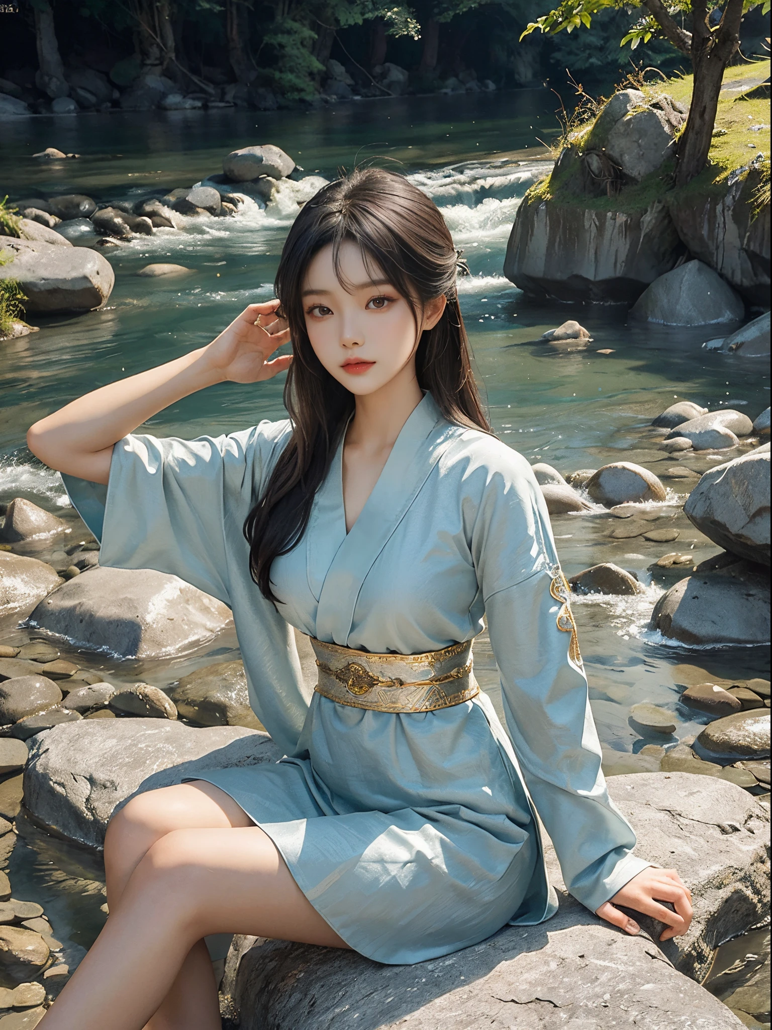 (best quality,ultra-detailed:1.2),riverbank,rocks or temple or bridge,Asian model,beautiful,young,Chinese beauty,loose Hanfu,deep V-neck,seated posture,sitting on a rock,masterpiece,exquisite face,slim figure,long legs