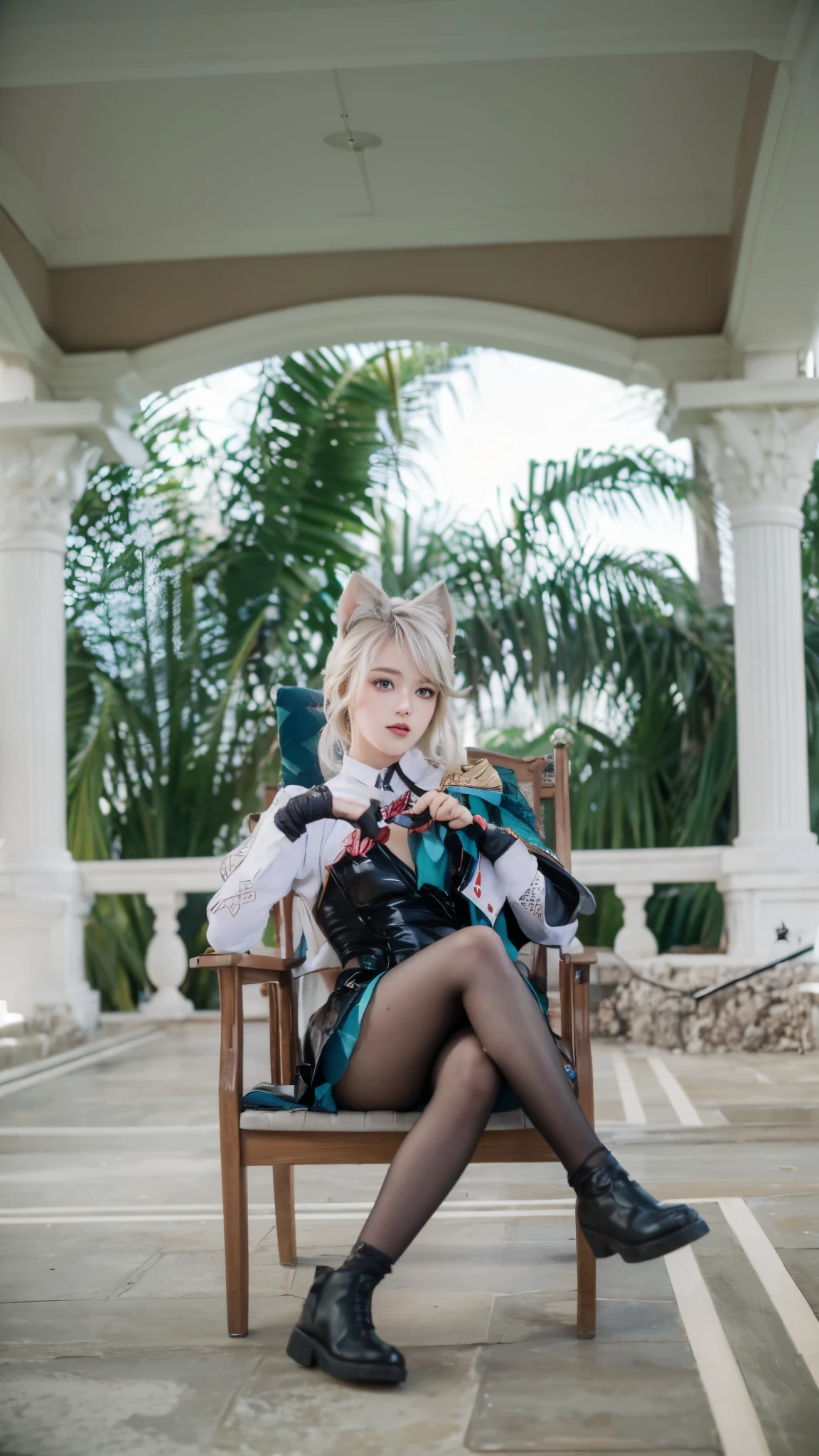 ((Lynette_Genshin Impact)),((realistic, photorealistic)),(highlight hair)), Light reflection, (( HD )), navel, detached sleeves,((upper body)), (((best quality, masterpiece))), there is a woman sitting on a luxurious chair, cosplay photo, anime cosplay, inspired by Lynette genshin impact, Behind the kingdom, the impression is that the palace is magnificent,White cat ears on top of the head