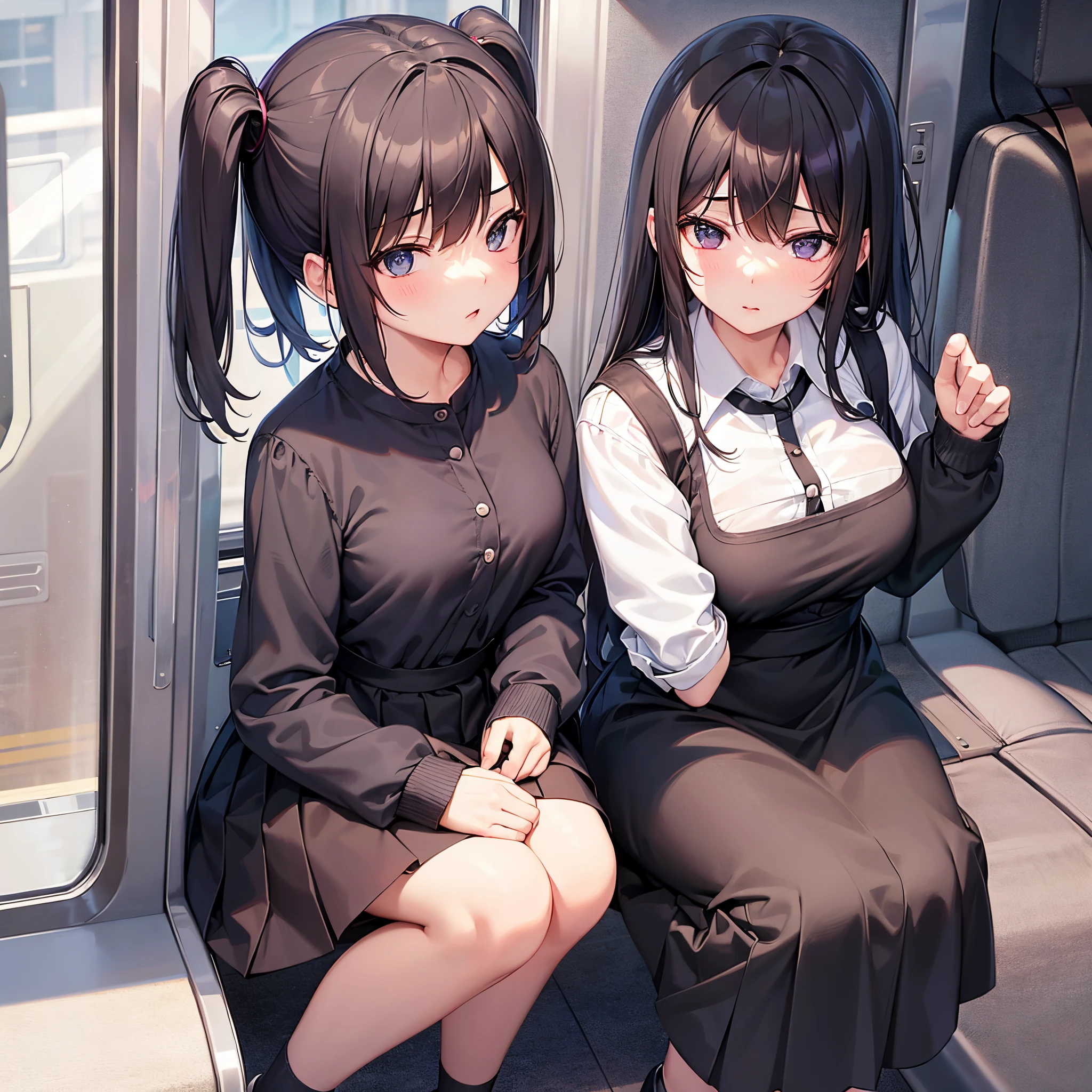masterpiece, best quality, (Small breast:1.1), Dress, White hair, Long hair, Black dress, <lora:Yuri_breast_touching_clothedV3:0.5>, 2girls, (grabbing another:1.3), yuri, (Inside bus:1.3)