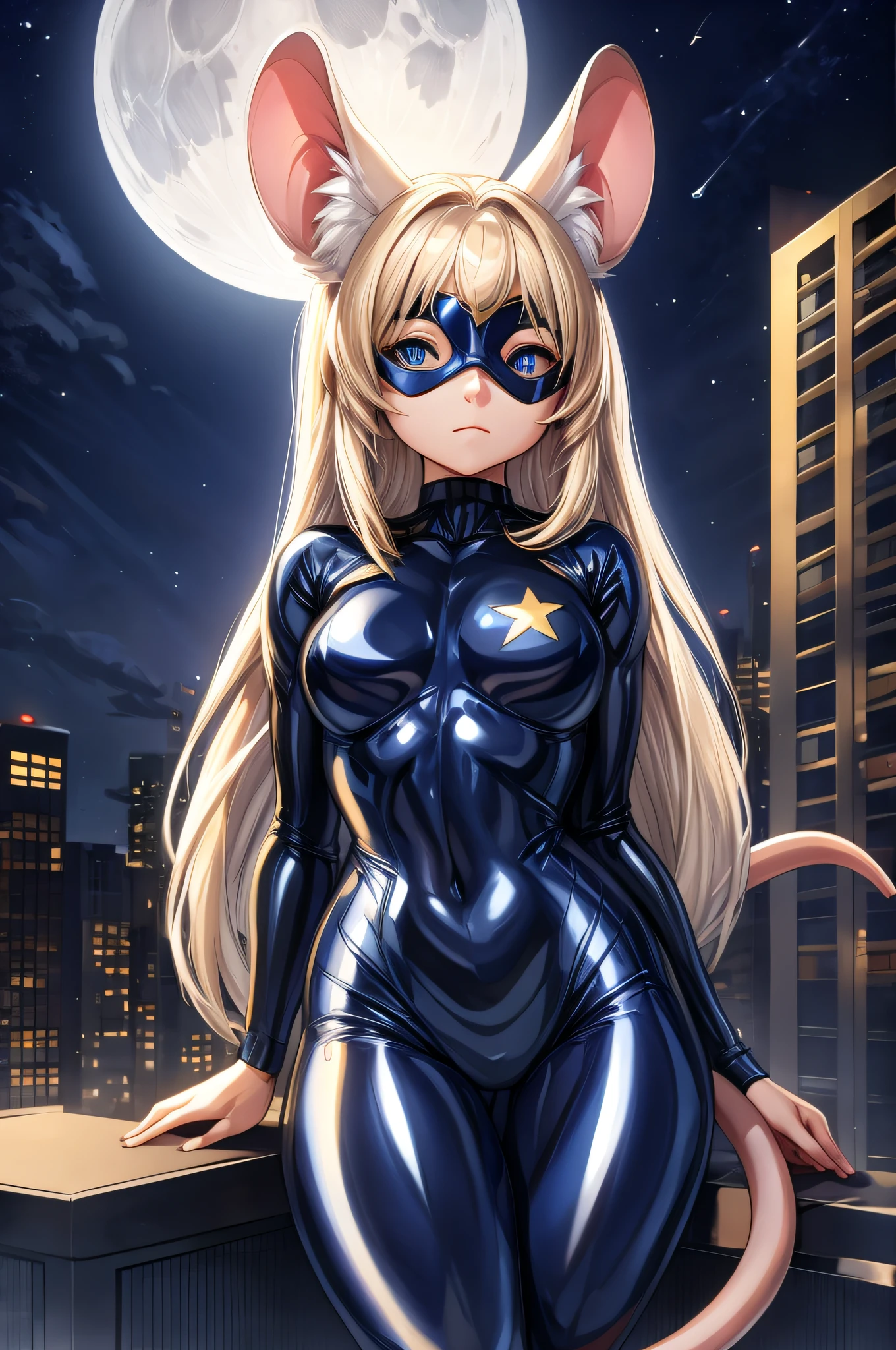 (Masterpiece) (High Detail) (High Res) A short petite humanoid girl with pale skin and long blonde hair and blue eyes and fluffy mouse ears and a long thin mouse tail is sat alone on the roof of a high-rise building at night. Moon is out and stars. She is wearing a super hero costume which consists of a navy blue satin shiny spandex body suit with gold shiny trim and patterns on it. Navy blue eye mask.