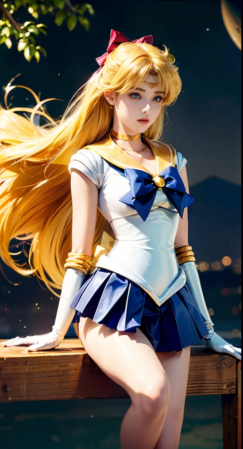 ((​masterpiece:1.4)、(top-quality:1.4)、(reallistic:1.7))、masuter piece:1.4、a beauty girl、(Sailor Moon:1.4)、Tsukino Usagi、Body Fit Sexy Sailor Senshi Uniform、(latex shiny)、(The jacket is a white sleeveless sailor suit)、(Skirt is blue sexy ultra ultra mini skirt)、The collar of the sailor suit is blue with two thin lines.、high leg swimsuit、Red cloth ornament at chest、(Wearing white gloves)、Kawaii Girl、Super beauty、foco nítido、Portrait photos、Upper body photography:1.4、Beautiful expression、beautidful eyes、Narrow waist、(Yellow hair:1.4)、(length hair:1.2)、Raw photo、red-lips、Red high heels:1.4、a choker:1.4、a necklace:1.4、耳Nipple Ring:1.4、Luxurious golden tiara on forehead:1.4、1 screen display、Outdoor landscape