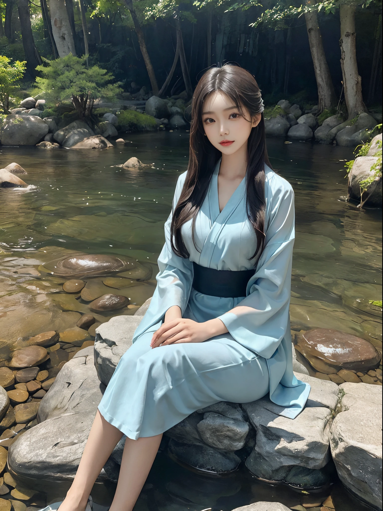 (best quality,ultra-detailed:1.2),riverbank,rocks or temple or bridge,Asian model,beautiful,young,Chinese beauty,loose Hanfu,deep V-neck,seated posture,sitting on a rock,masterpiece,exquisite face,slim figure,long legs