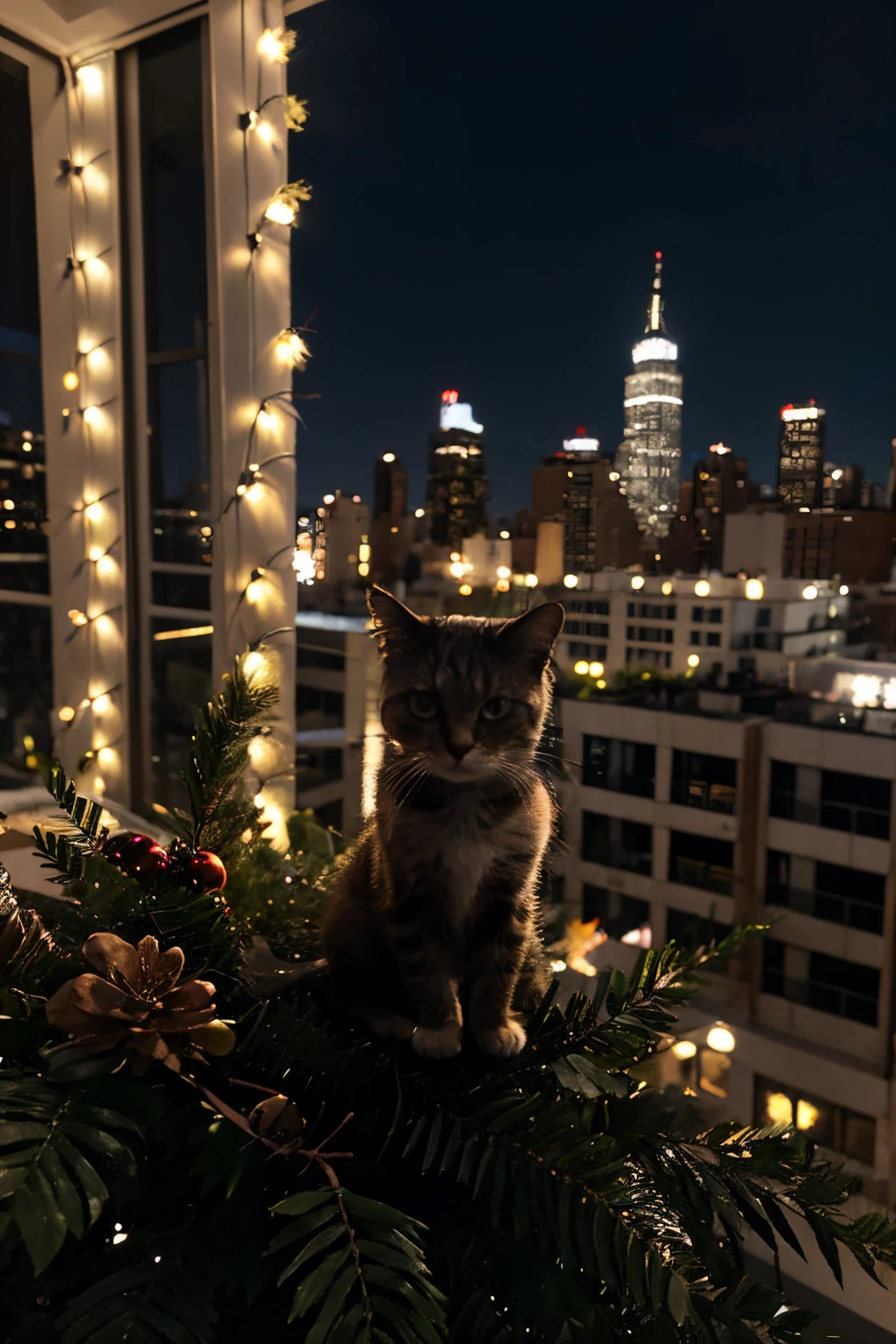 gatito hermoso, de fondo arbolde navidad, in la noche, en un gran edificio, de new york, hiperrealista