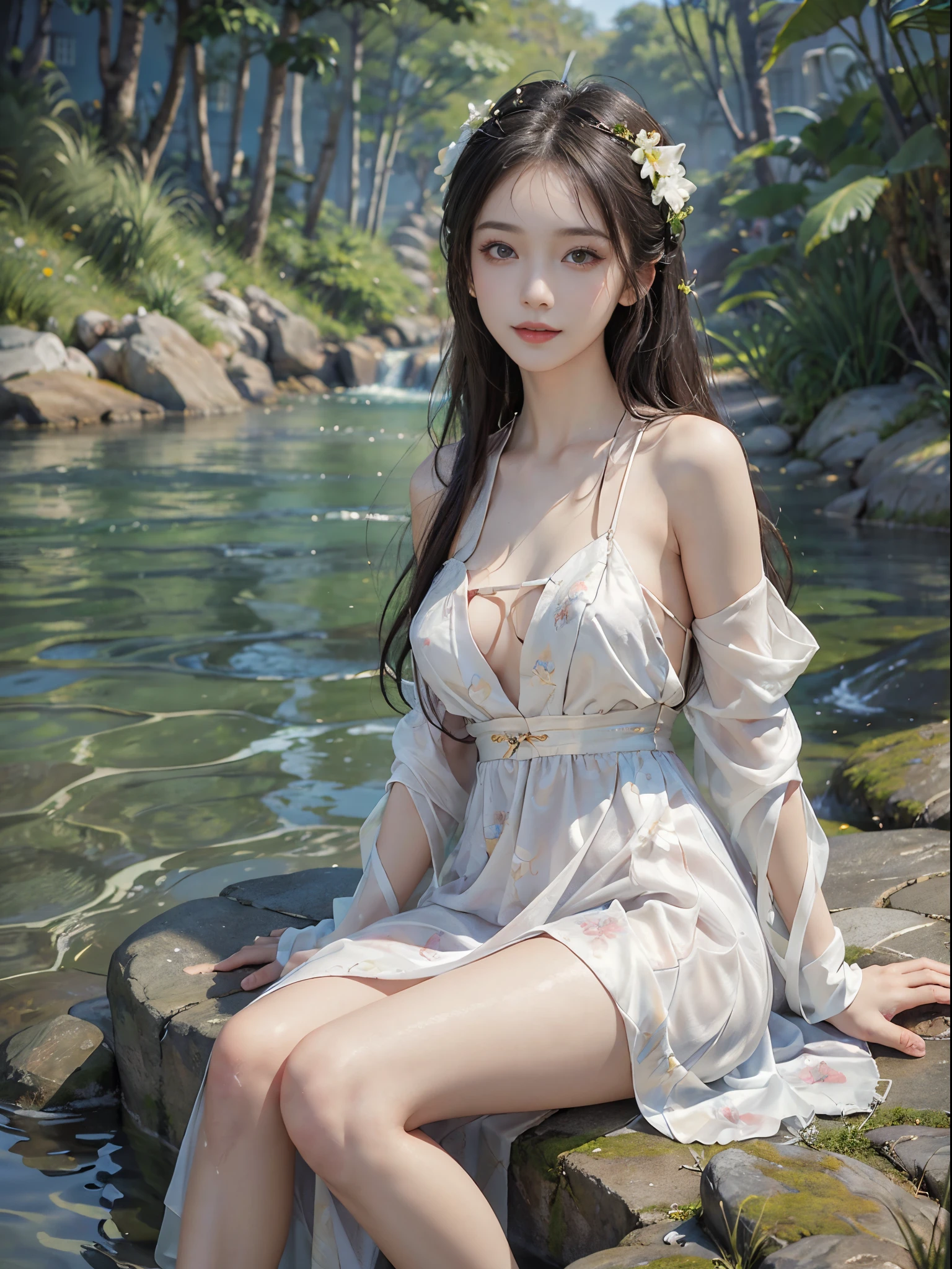 (best quality, masterpiece:1.2), ultra-detailed, (realistic:1.37), beautiful, youthful, glamorous model with (detailed eyes, detailed lips, extremely detailed eyes), wearing a loose Han-style dress with a deep V-neck, sitting on a rock by the river, surrounded by rocks or a temple or a bridge, in a knee shot, with white and floral colors, showcasing a radiant smile, slender figure, long legs, creating a breathtaking depiction of a girl enjoying the water.