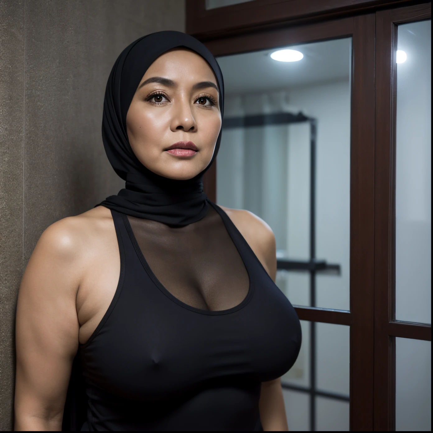 56 years Old, Hijab Indonesian mature woman, Big Mature Tits : 38.9, Tight Tank Top, Curvy body, at doctor office, Dark light, at Nighttime.