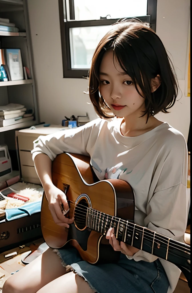 beak, 1个Giant Breast Girl, Alone, in the messy room, guitar,