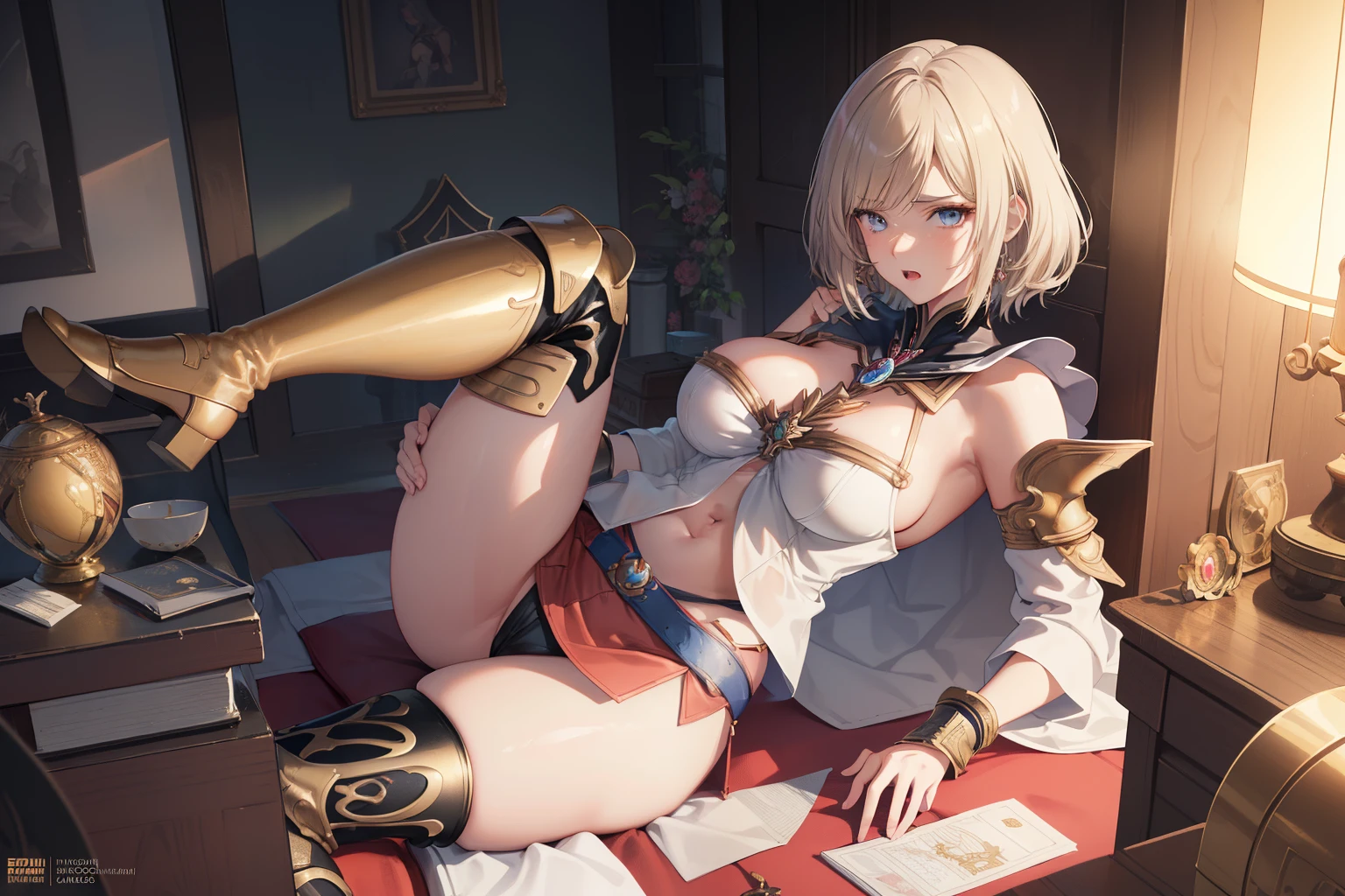 sexual act,(the golden ratio,masutepiece, of the highest quality, Best Quality, Beautiful and aesthetic:1.2), ighly detailed, Colorful,highest details,Illustrations, fantastical scenes, (Adults,age19,1girl in, Solo, Final Fantasy 12,Ashelia, shorth hair, short-hair,Ashelia Costume, Colossal tits, a miniskirt,thigh high boots, thighs thighs thighs thighs, jewely,Contemptuous look