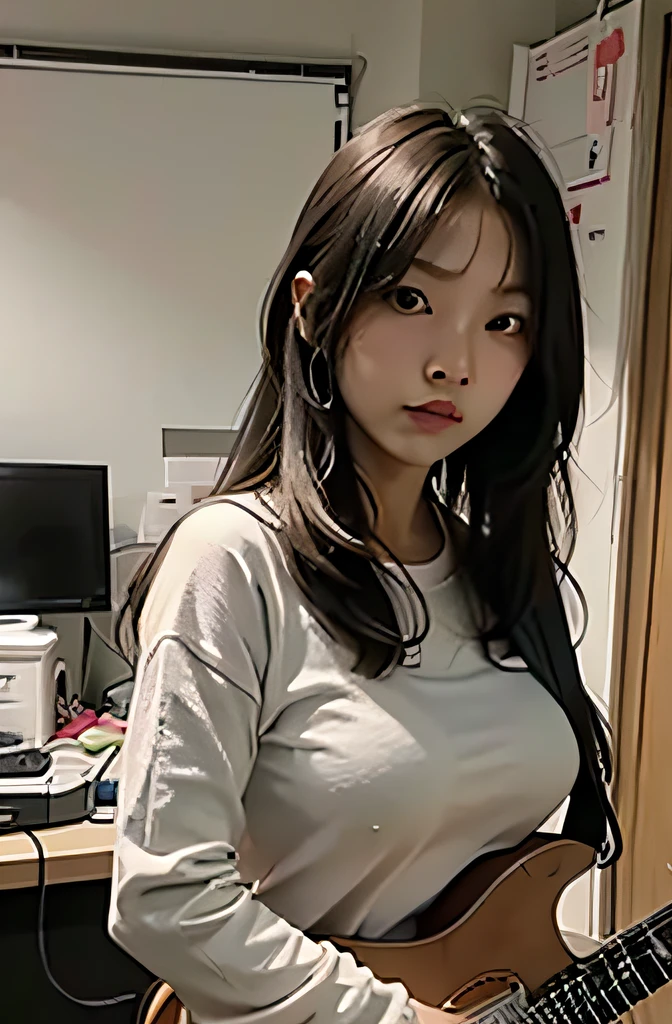 beaks, 1 busty girl, Alone, in the messy room, guitar,