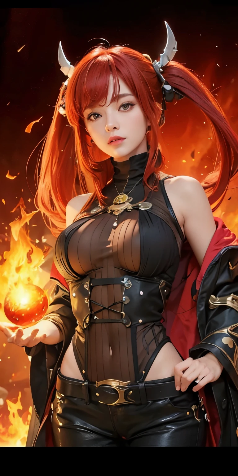 1girl,huge breast,red hair,high quality, ultra detailed, masterpiece, realistic,magic fire ball