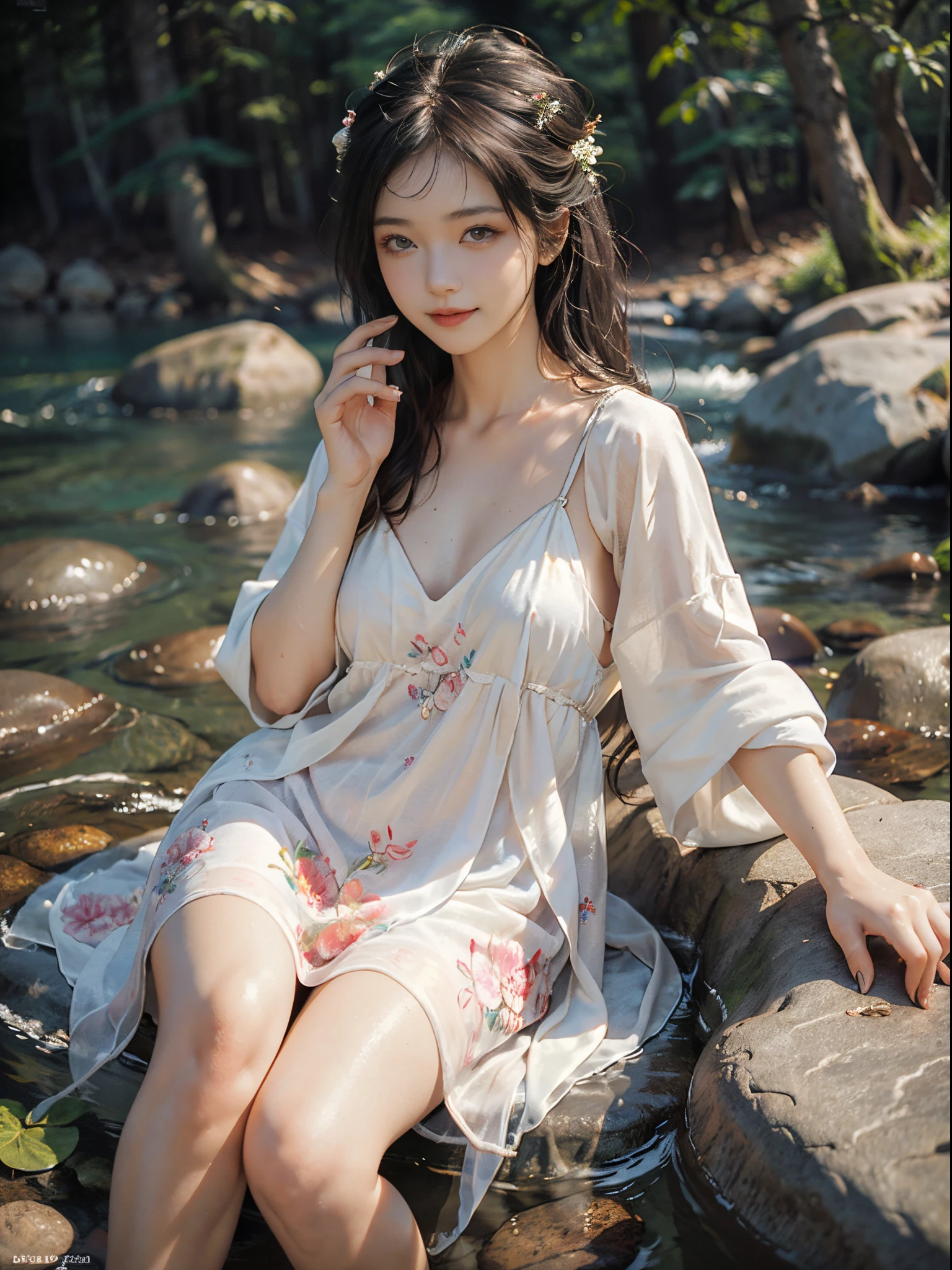 (best quality, masterpiece:1.2), ultra-detailed, (realistic:1.37), beautiful, youthful, glamorous model with (detailed eyes, detailed lips, extremely detailed eyes), wearing a loose Han-style dress with a deep V-neck, sitting on a rock by the river, surrounded by rocks or a temple or a bridge, in a knee shot, with white and floral colors, showcasing a radiant smile, slender figure, long legs, creating a breathtaking depiction of a girl enjoying the water.