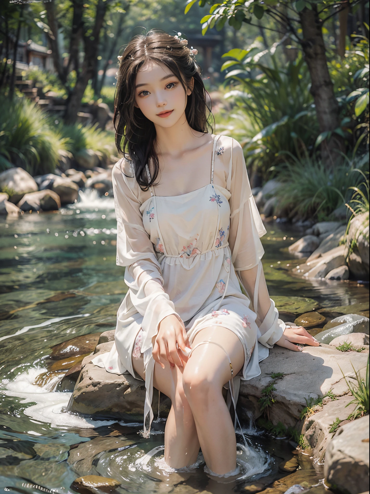 (best quality, masterpiece:1.2), ultra-detailed, (realistic:1.37), beautiful, youthful, glamorous model with (detailed eyes, detailed lips, extremely detailed eyes), wearing a loose Han-style dress with a deep V-neck, sitting on a rock by the river, surrounded by rocks or a temple or a bridge, in a knee shot, with white and floral colors, showcasing a radiant smile, slender figure, long legs, creating a breathtaking depiction of a girl enjoying the water.