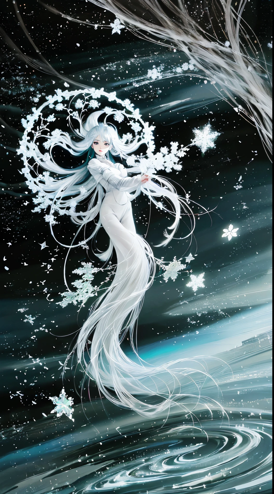 (tmasterpiece,8K,Best quality at best,A high resolution,ultra - detailed,ultra-realistic realism),The white,A world covered in silver, branches covered with snow, cold winter touch, Snowflakes dance like elves, Turn the world into a silver fairy tale, Cold, Peaceful and beautiful snow scene, Comfortable and calm