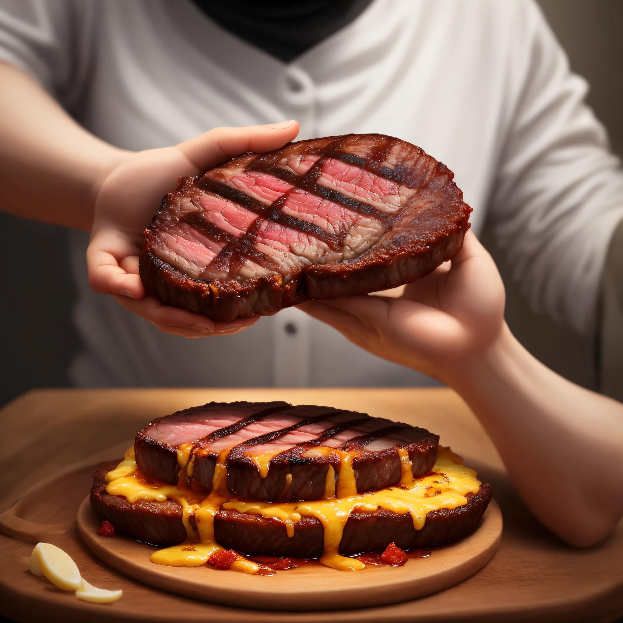 God holding the juciest, crispiest, most well baked steak with light surronding it