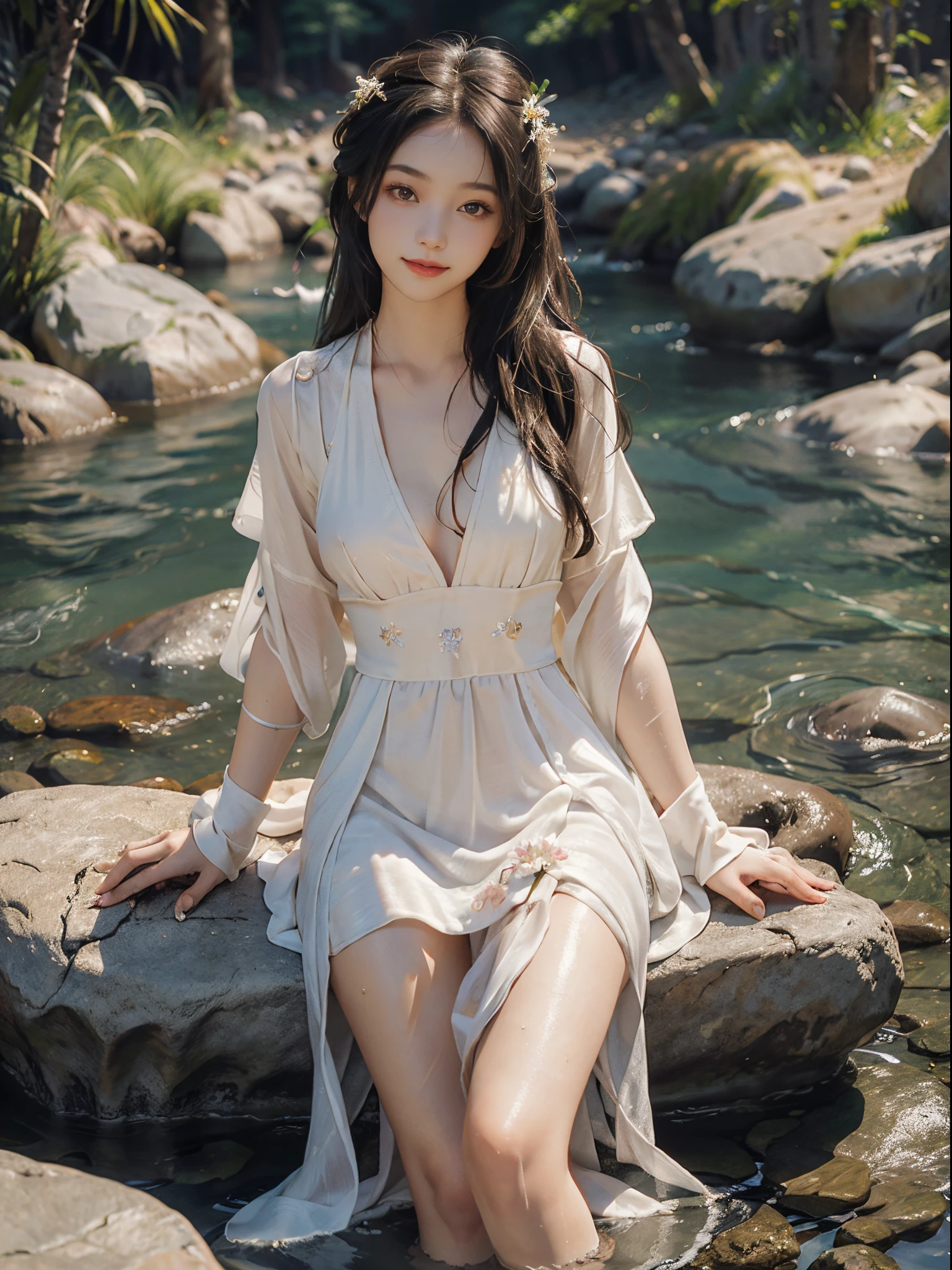 (best quality, masterpiece:1.2), ultra-detailed, (realistic:1.37), beautiful, youthful, glamorous model with (detailed eyes, detailed lips, extremely detailed eyes), wearing a loose Han-style dress with a deep V-neck, sitting on a rock by the river, surrounded by rocks or a temple or a bridge, in a knee shot, with white and floral colors, showcasing a radiant smile, slender figure, long legs, creating a breathtaking depiction of a girl enjoying the water.