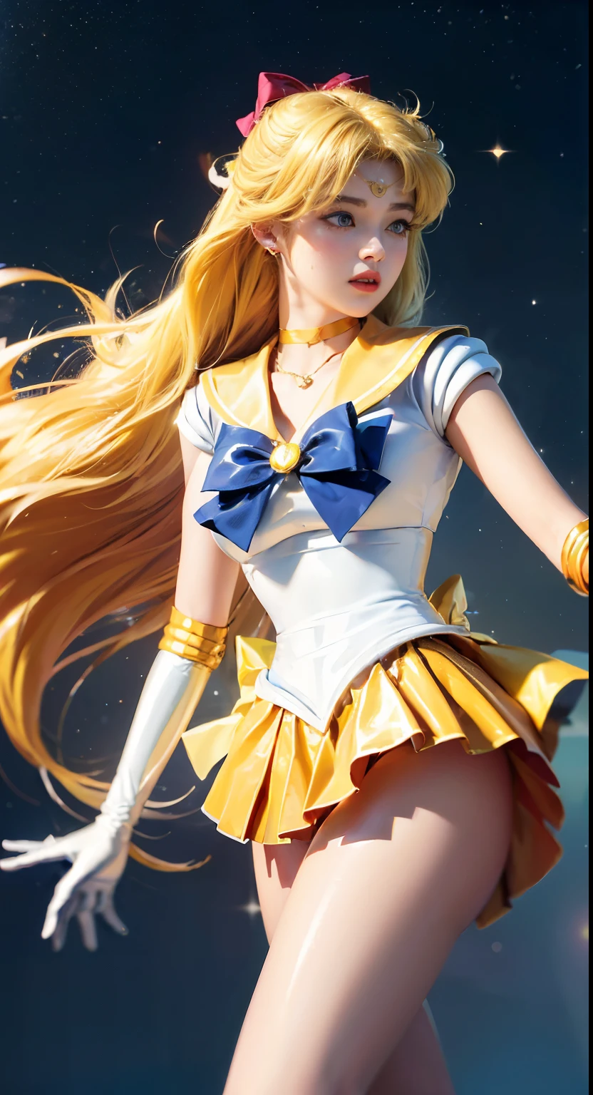 ((masterpiece:1.4)、(top-quality:1.4)、(reallistic:1.7))、masuter piece:1.4、a beauty girl、(Sailor Moon:1.4)、Tsukino Usagi、Body Fit Sexy Sailor Senshi Uniform、(latex shiny)、(The jacket is a white sleeveless sailor suit)、(Skirt is blue sexy ultra ultra mini skirt)、The collar of the sailor suit is blue with two thin lines.、high leg swimsuit、Red cloth ornament at chest、(Wearing white gloves)、Kawaii Girl、Super beauty、foco nítido、Portrait photos、Upper body photography:1.4、beautiful expression、beautidful eyes、Narrow waist、(Yellow hair:1.4)、(length hair:1.2)、Raw photo、red-lips、Red high heels:1.4、a choker:1.4、a necklace:1.4、耳Nipple Ring:1.4、Luxurious golden tiara on forehead:1.4、1 screen display、Outdoor landscape