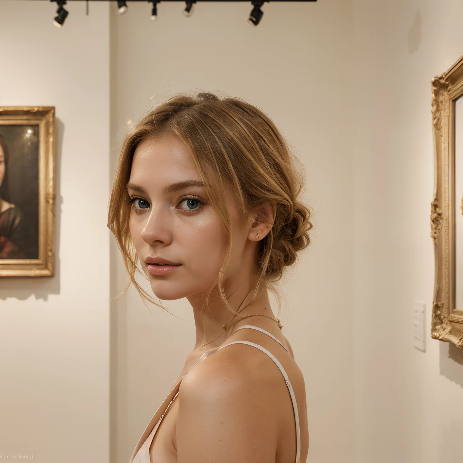 Create a strikingly realistic image of a young woman, closely matching the appearance from the uploaded photographs, standing inside an art gallery. Her hair is a shimmering golden blonde, styled elegantly to reflect the sophisticated atmosphere of the gallery. Her eyes, a deep and vivid blue, should convey a sense of curiosity and appreciation for the art around her. Her skin is fair, with a smooth, almost porcelain-like quality, perfectly suited to the refined lighting of the gallery. Her lips are a soft, natural pink, adding to her look of cultured elegance. She's dressed in a chic and tasteful outfit, perhaps a tailored dress or a smart-casual ensemble, fitting the artistic setting. The gallery is filled with a variety of contemporary artworks, providing a colorful and thought-provoking backdrop. The lighting should be subtle yet effective, highlighting her features and the artwork in equal measure. Focus on the accuracy of her golden blonde hair and the detailed realism of her facial features, especially the depth of her eyes and the natural look of her lips, capturing a moment of artistic engagement. The image should have the quality and depth of a professional, high-resolution photograph suitable for an art magazine.