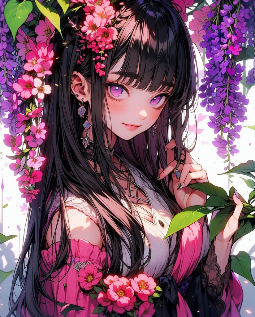 8k, sunny day, floral, happy, smiling, beautiful hat, ((light pink eyes)) embroidery, enchanted, fireflies, purple, wisteria, white-dress, day, beautiful aesthetic dress, sweet looking, midjourney, close-up, niji,