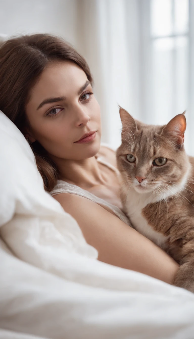 the same model lying in bed with her cat