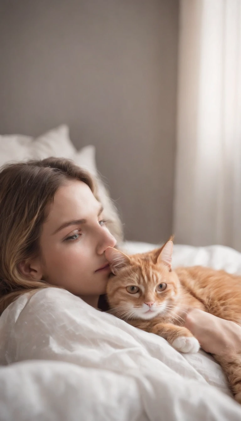 the same model lying in bed with her cat