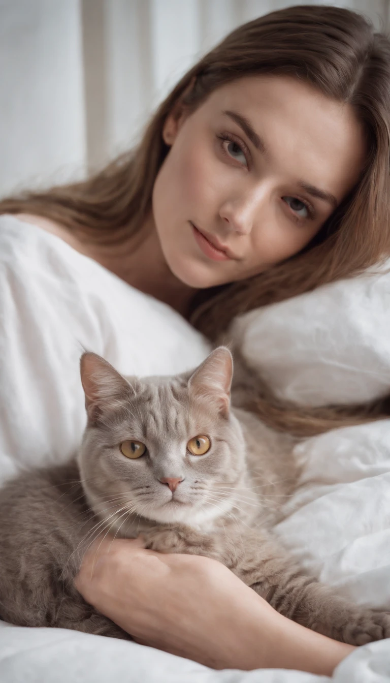 the same model lying in bed with her cat