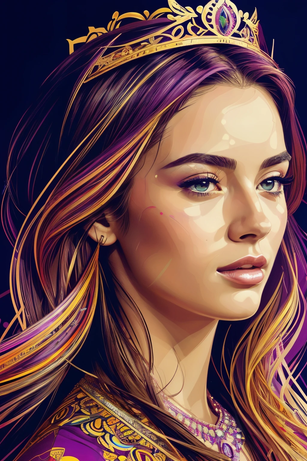 Highly detailed, High Quality, Masterpiece, beautiful, FISideRight, 1girl, solo, ((best quality)), ((masterpiece)), (detailed), perfect face, abstract beauty, Create a digital art work in pop art style, luxury elegance bold with hint of feminine, happy & youthful, authentic, brave, princess wearing crown, purple and gold, centered, key visual, intricate, highly detailed, breathtaking beauty, precise lineart, vibrant, comprehensive cinematic, Carne Griffiths, Conrad Roset, vector art, Colorful graffiti illustration, (the most beautiful portrait in the world:1.5)