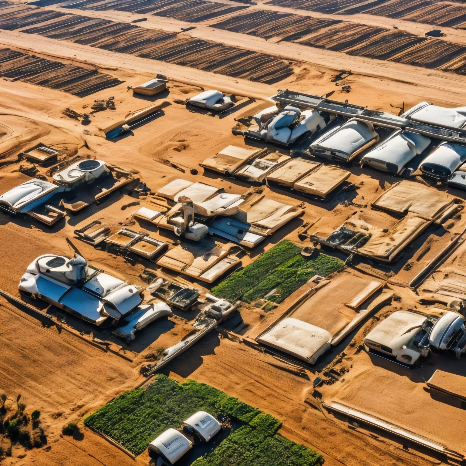 A farm in a dessert, robot farmers everywhere, sci-fi, apocalyptic, sandy, complex robots, rusted, close up shot of robots working, farmland, surviving,