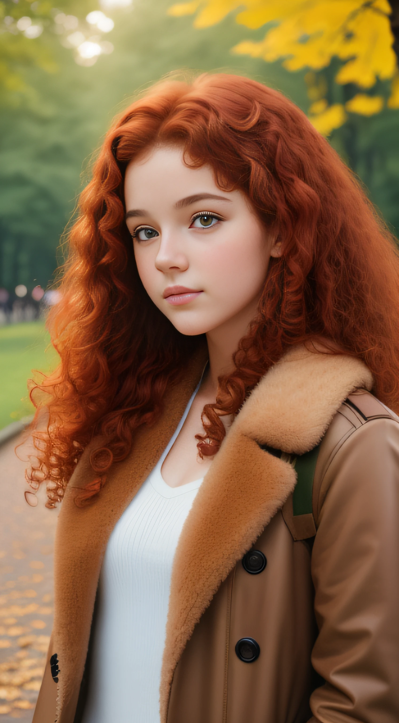 (best quality: 1.0), (ultra highres: 1.0), 1girl, 19 years old, medium curly red hair, bright light eyes, soft fur, detailed skin pores, central park, Kodak Portra 800 film SMC Takumar 35mm f/ 2. 8 c 50