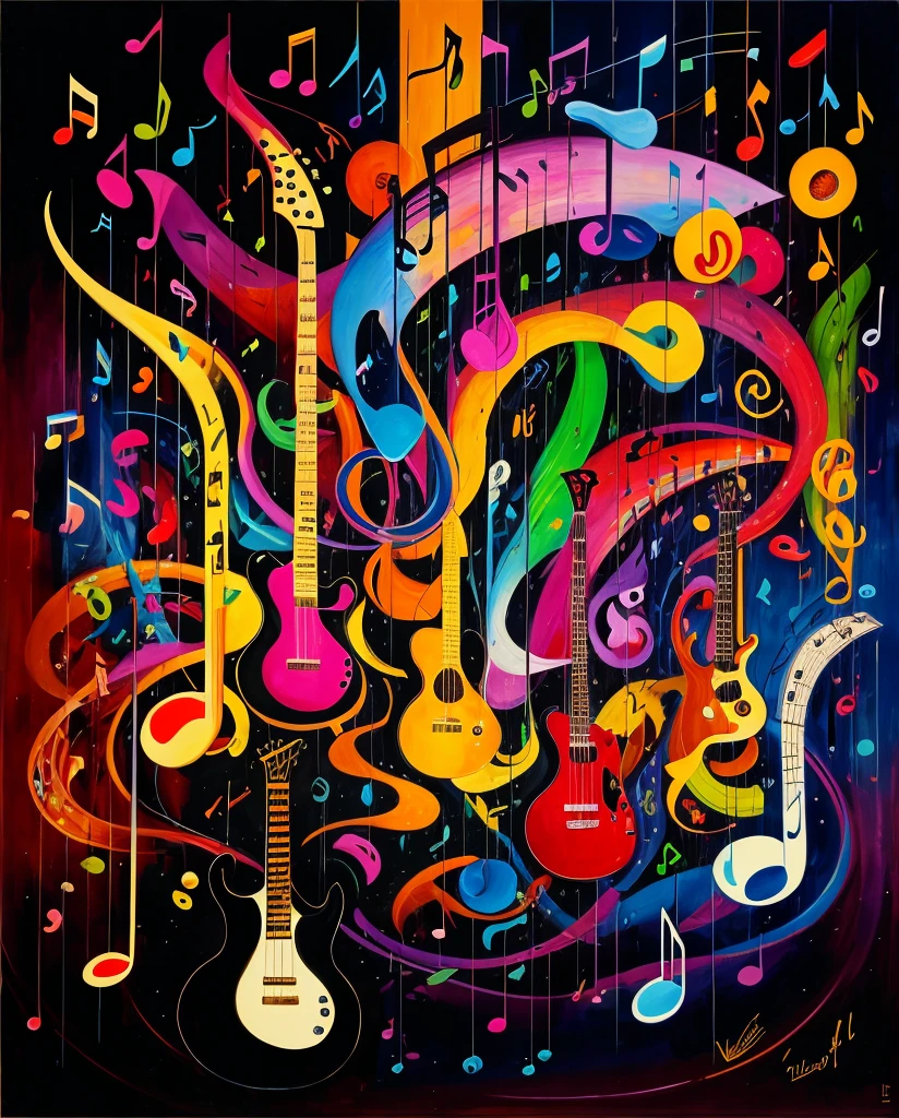 I want to use musical notes as the main body,Musical instruments are the background,Very crazy,Very wild abstract painting