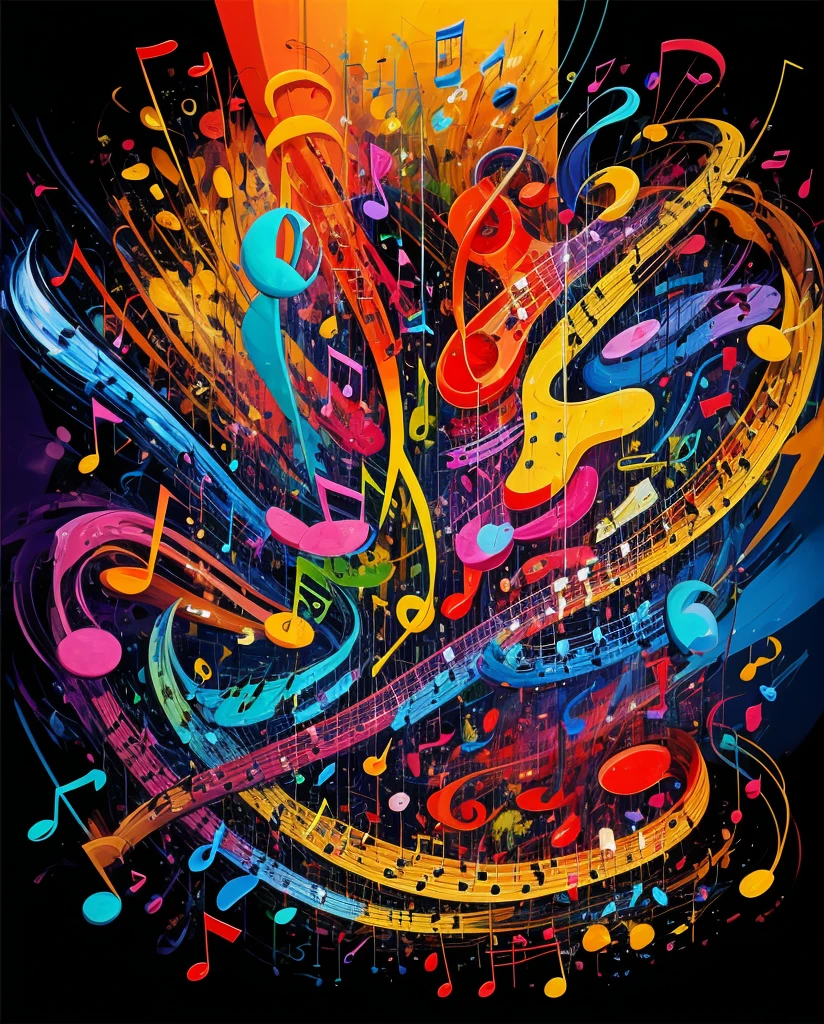 I want to use musical notes as the main body,Musical instruments are the background,Very crazy,Very wild abstract painting