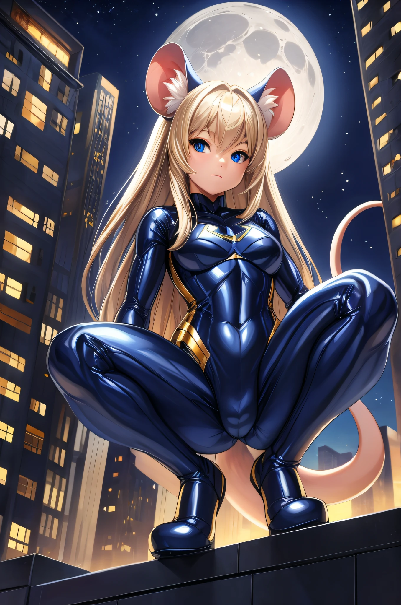 (Masterpiece) (High Detail) (High Res) A short petite humanoid girl with pale skin and long blonde hair and blue eyes and fluffy mouse ears and a long thin mouse tail is sat alone on the roof of a high-rise building at night. Moon is out and stars. She is wearing a super hero costume which consists of a navy blue satin shiny spandex body suit with gold shiny trim and patterns on it. She is crouched ready to jump on the edge of the building.