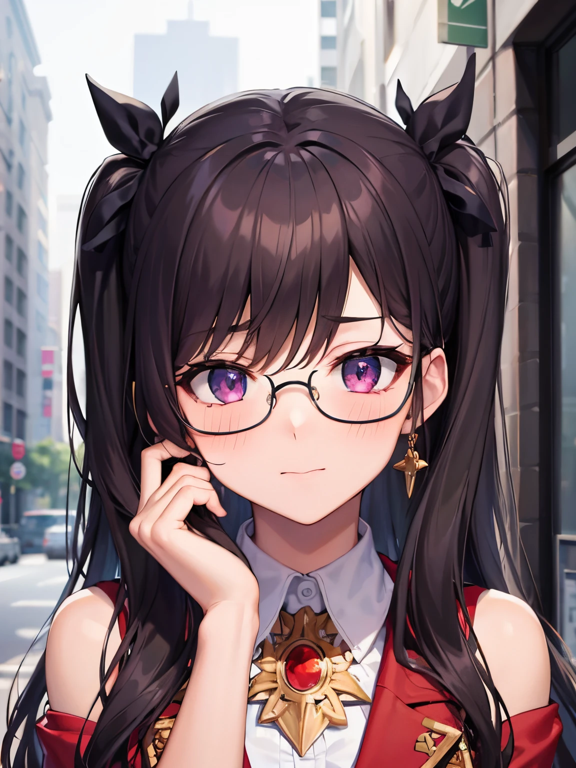 (masterpiece), best quality, expressive eyes, perfect face, 1girl, solo, ishtar, ishtar fate, purple eyes, eye glasses, black hair, gold hair ribbon, long hair, twintails hair, ribbon, Red Jacket with White Shirt, jewelry neck, city background, upper body, portrait, looking at viewer, face blushing, shy pose, shy girl, tsundere, medium breast, close up face, armpit, gold hair ribbon