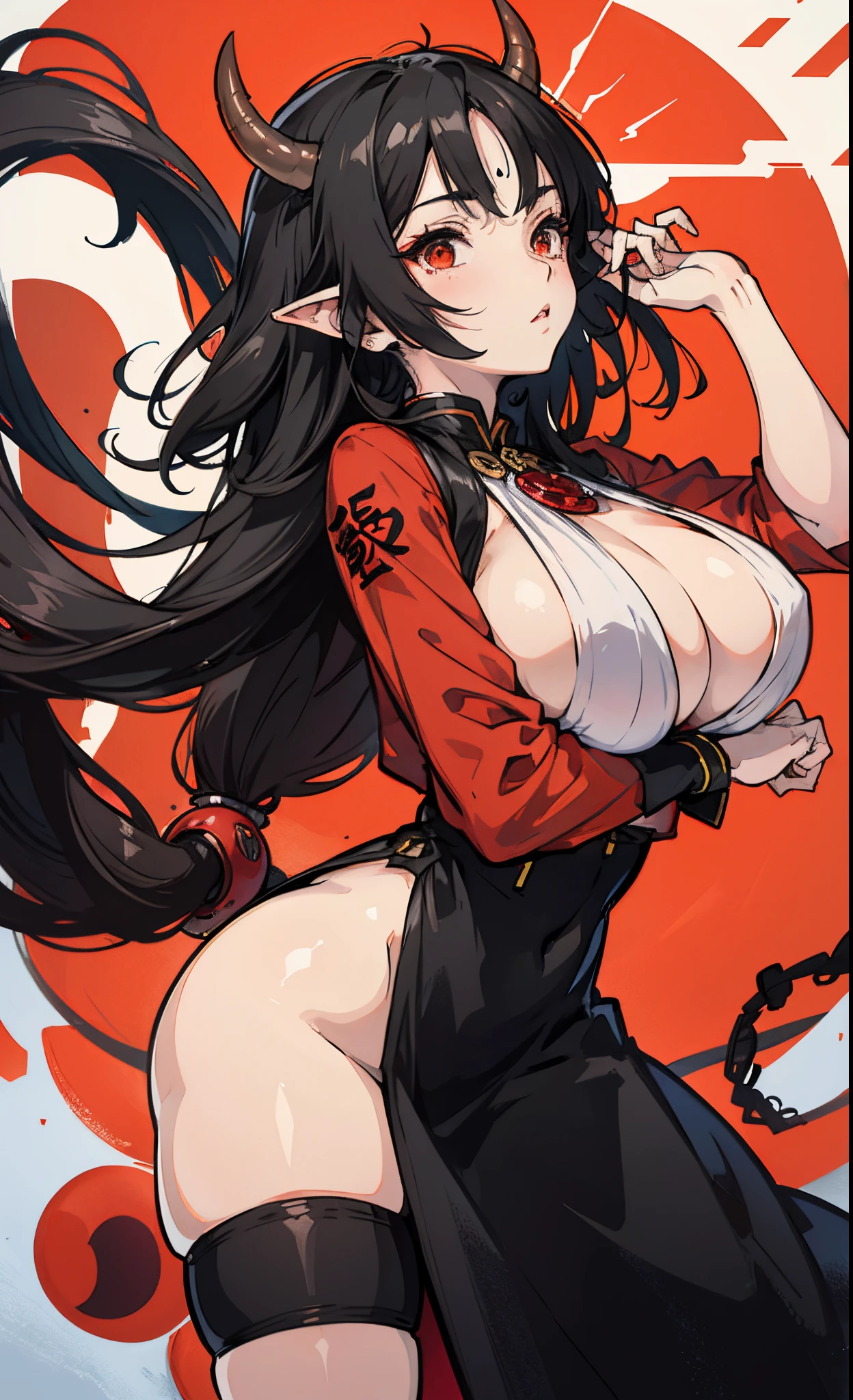 Short red oni girl with black hair and big boobs