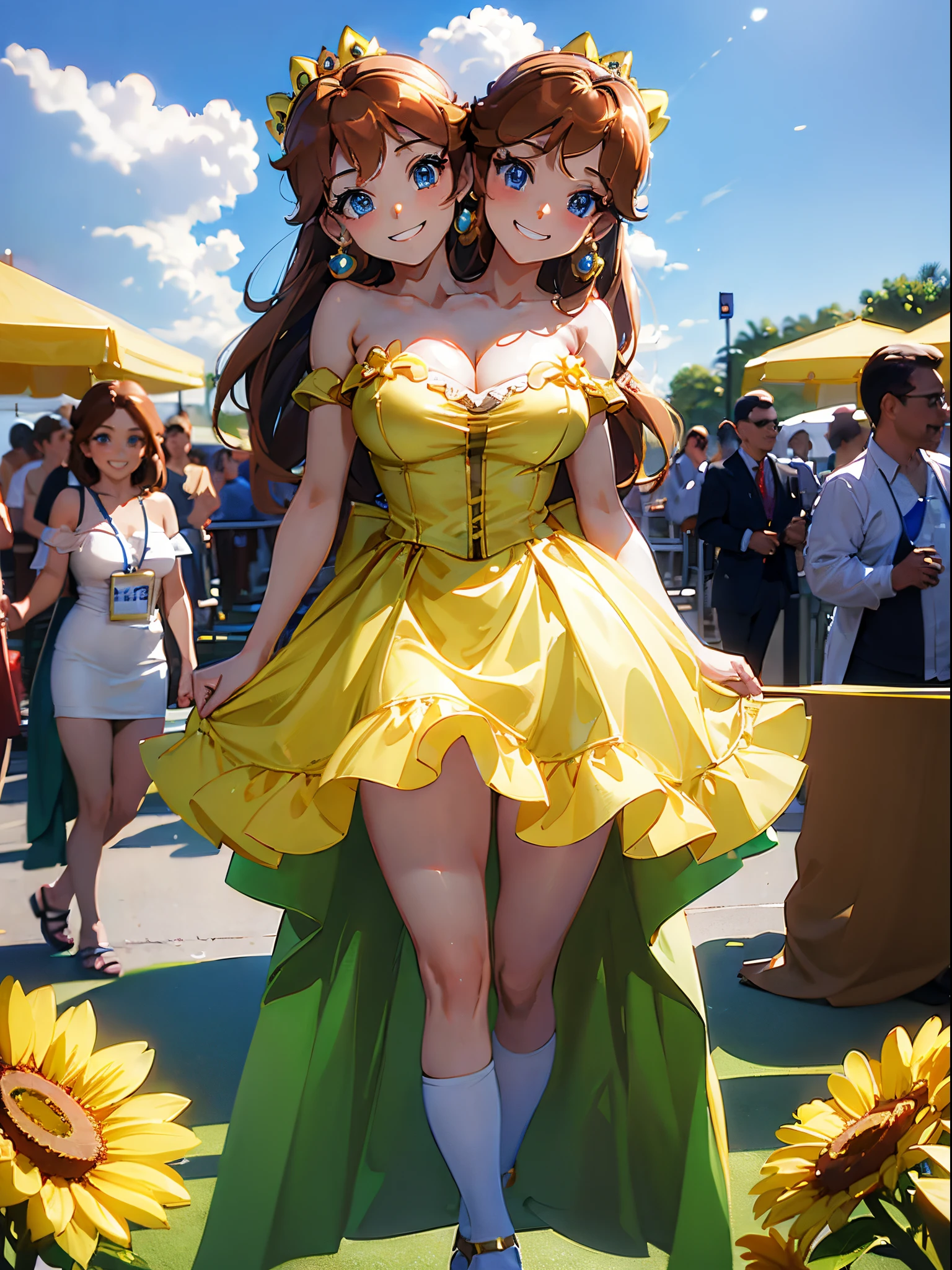 (masterpiece, best quality), best resolution, (2heads:1.5), 1girl, brown hair, blue eyes, casual, confident, smiling, grinning, arms crossed, dressed as princess daisy, princess daisy dress, cosplay, outside a convention center