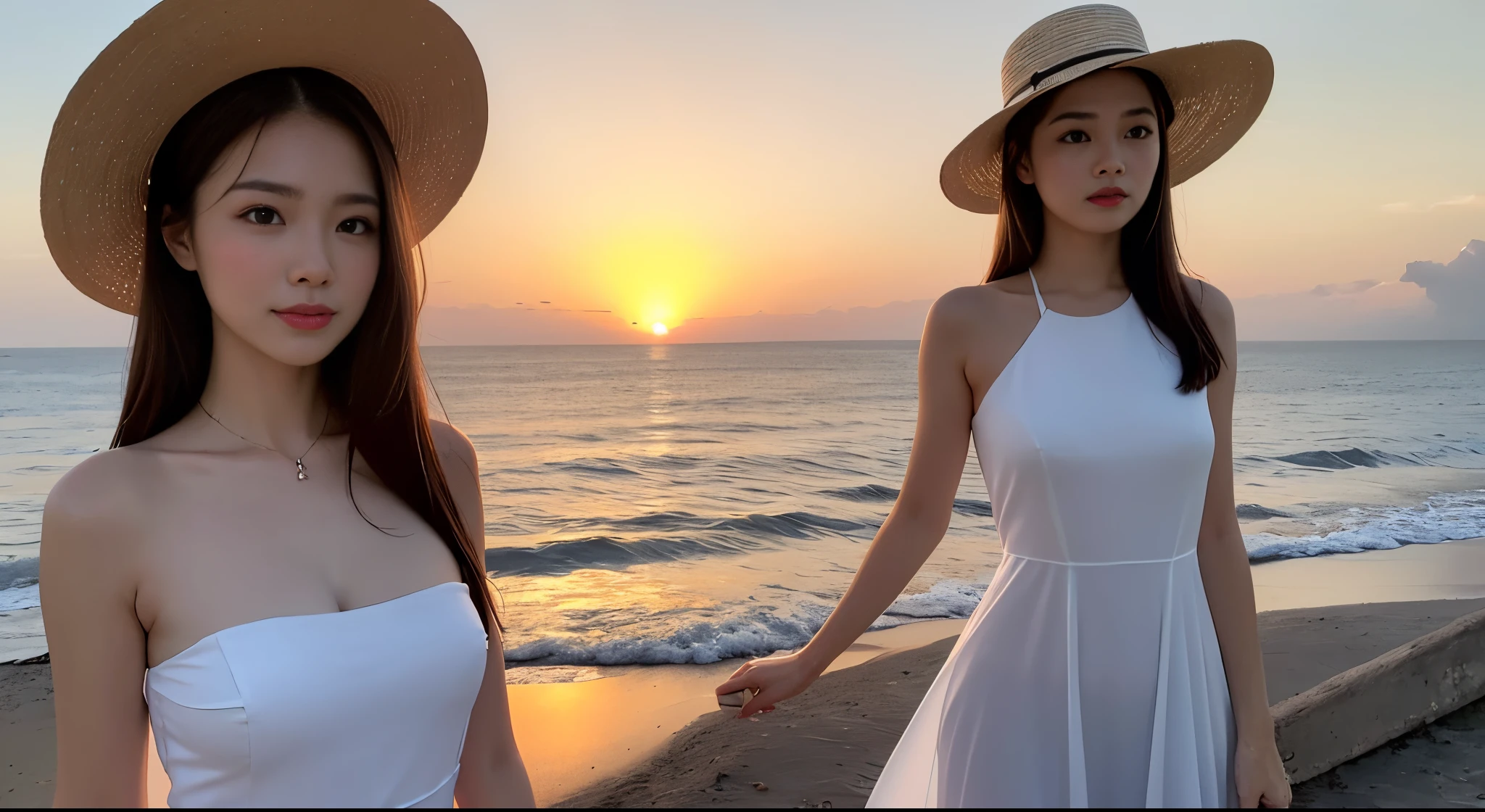 Luxurious Southeast Asian Resort, A beautiful woman wearing a wide-brimmed hat and a dress looks at the sea at sunset.. Let your whole body come out. Detailed and clear facial expression. Brunette.