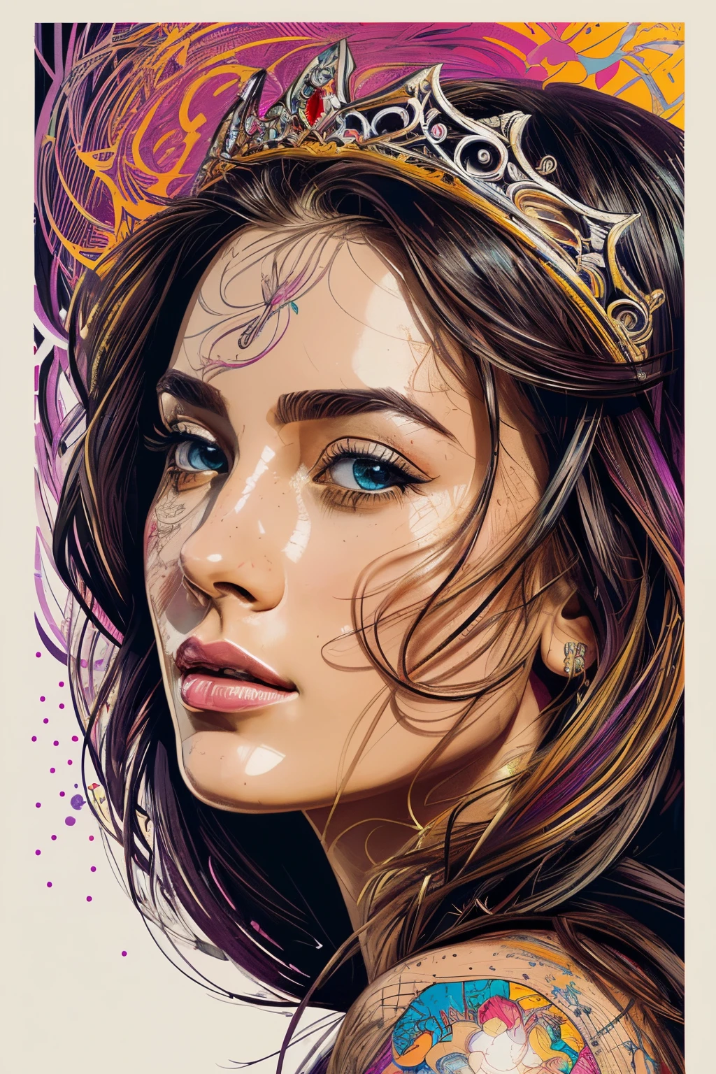 Highly detailed, High Quality, Masterpiece, beautiful, FISideRight cafe, right side angle, 1girl, solo, ((best quality)), ((masterpiece)), (detailed), perfect face, abstract beauty, Create a digital art work in pop art style, luxury elegance bold with hint of feminine, happy & youthful, authentic, brave, princess wearing crown, purple and gold, centered, key visual, intricate, highly detailed, breathtaking beauty, precise lineart, vibrant, comprehensive cinematic, Carne Griffiths, Conrad Roset, vector art, Colorful graffiti illustration, (the most beautiful portrait in the world:1.5)