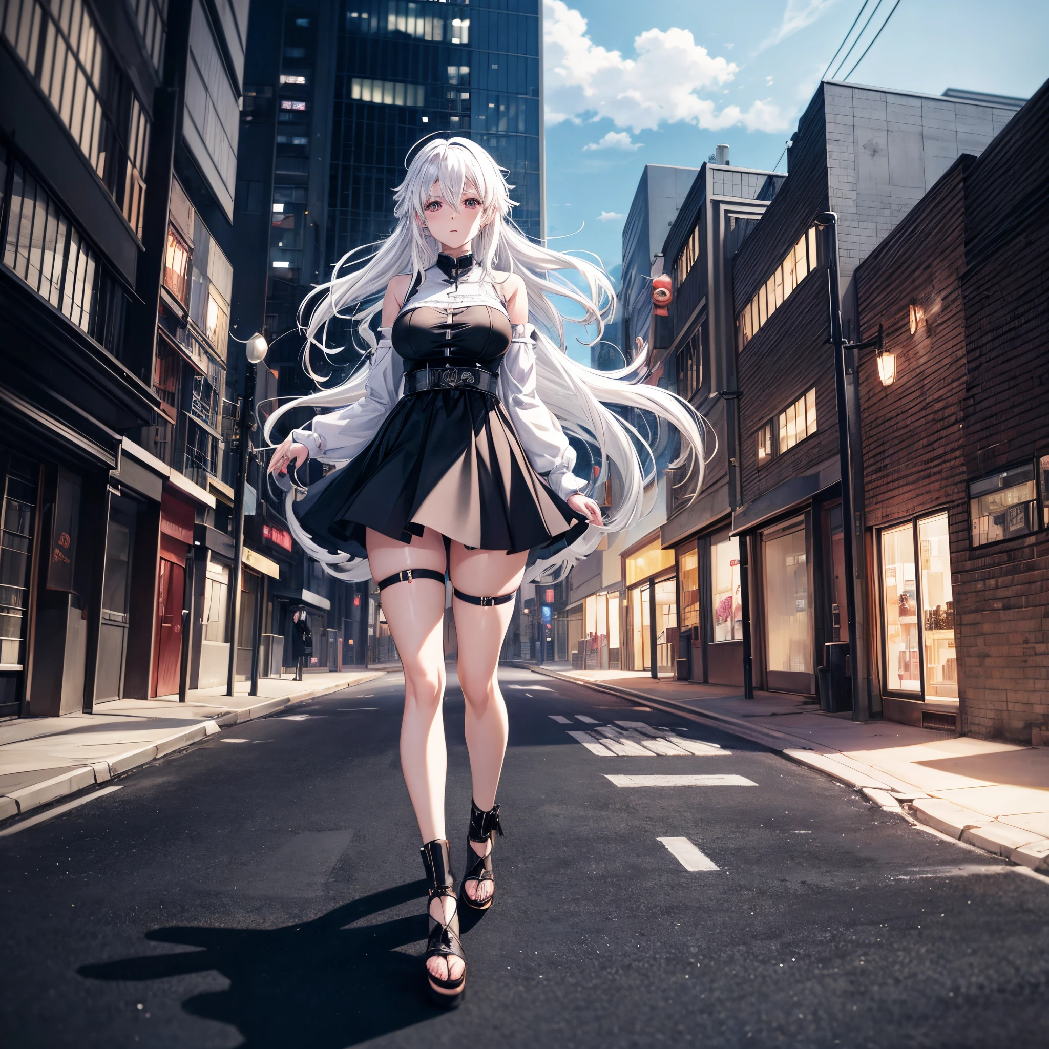 Anime girl in a short dress walking down a street - SeaArt AI